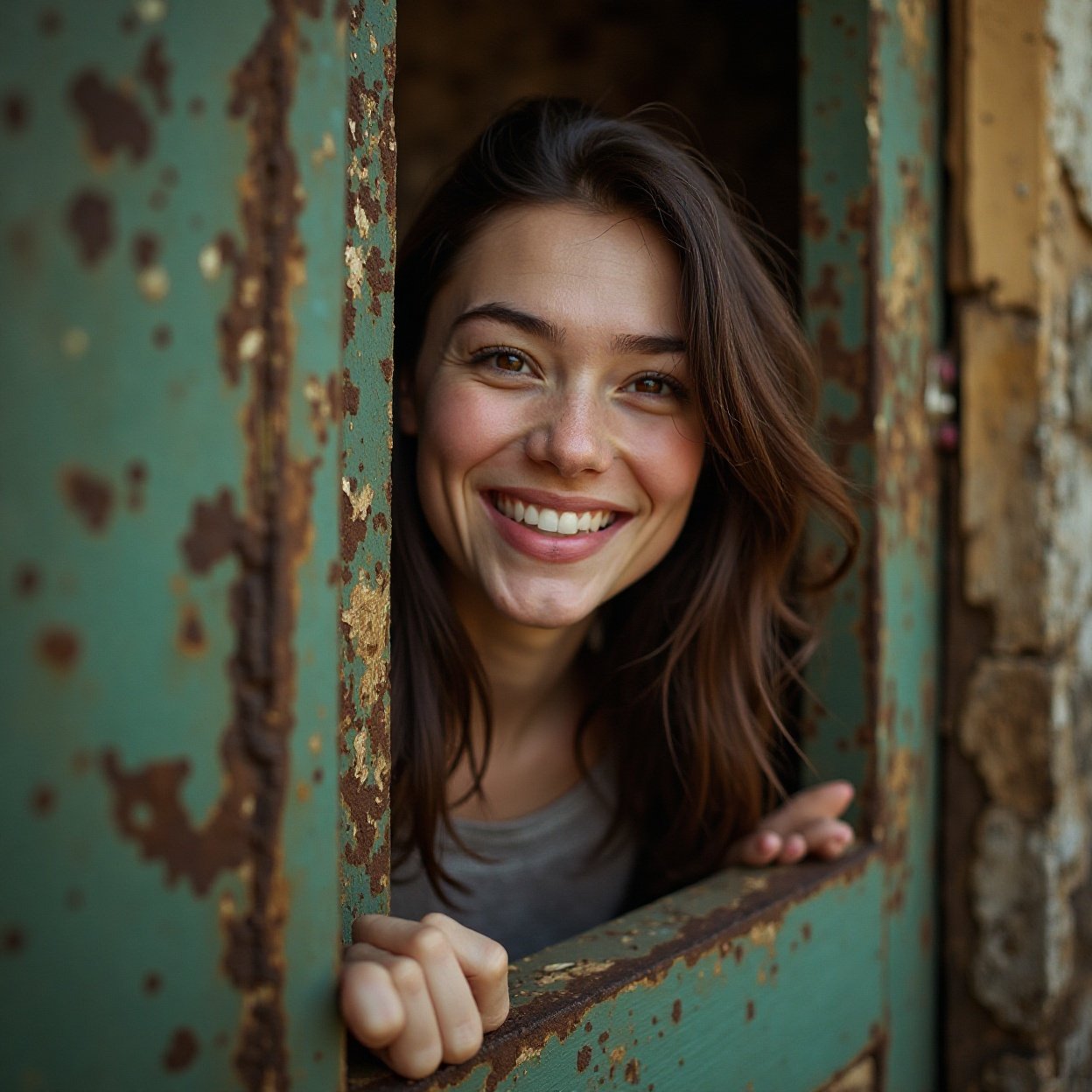 A beautiful, smiling woman with brown hair, discovering an unusual place