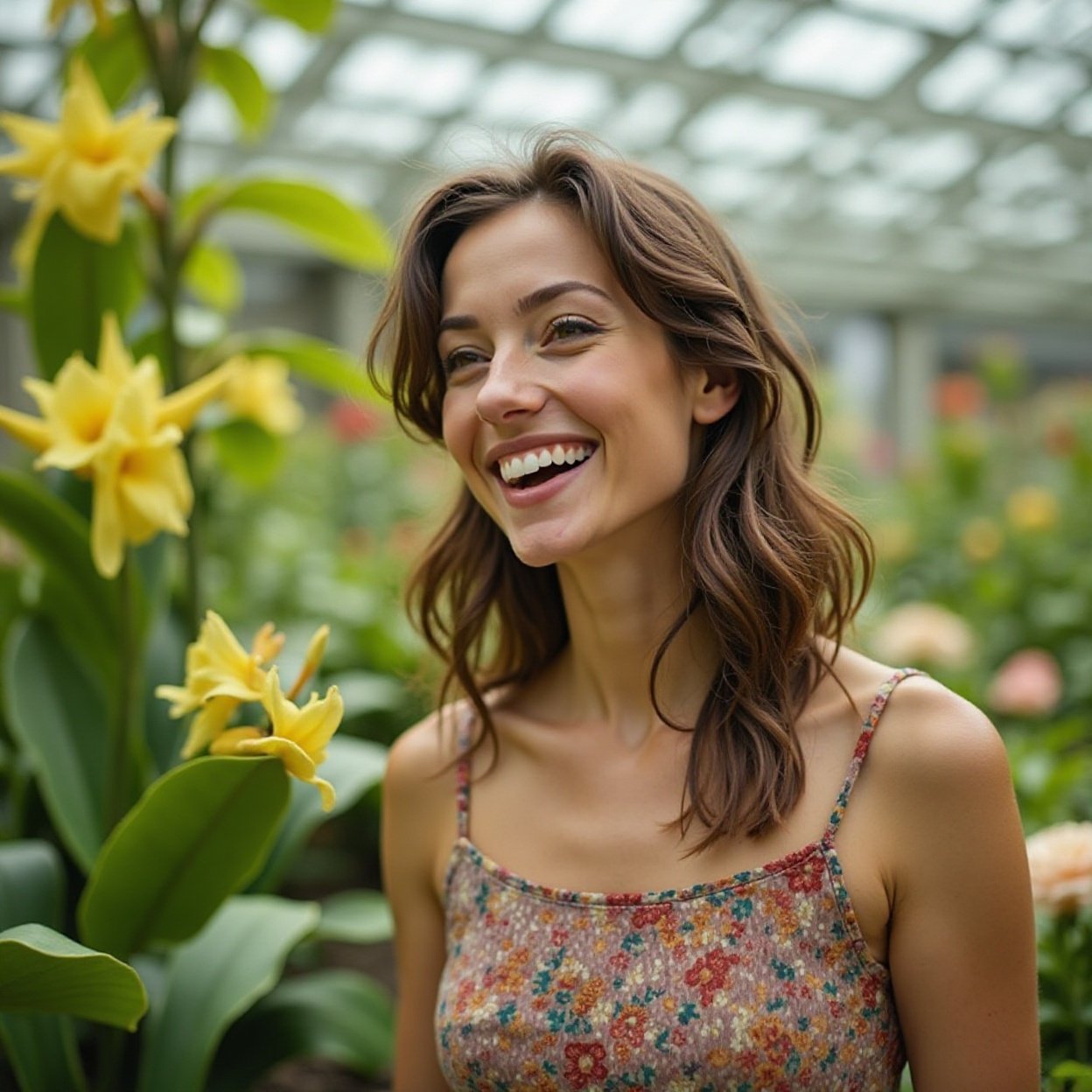A beautiful, smiling woman with brown hair, exploring a botanical garden