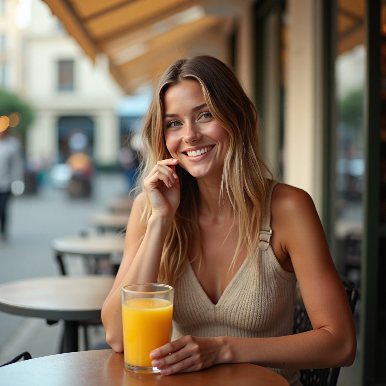 A beautiful, smiling woman with long hair is sitting alone on a cafe terrace, drinking orange juice A beautiful, smiling woman with long hair is sitting alone on a cafe terrace, drinking orange juice.