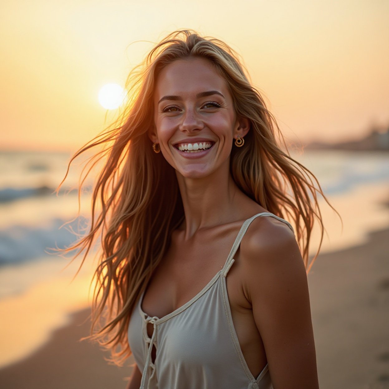 A beautiful, smiling woman with long hair, walking on the beach to watch the sunset A beautiful, smiling woman with long hair, walking on the beach to watch the sunset.
