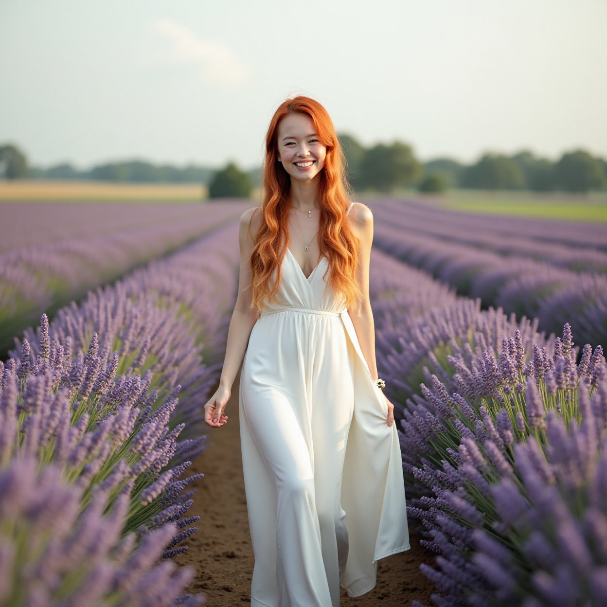 A beautiful, smiling woman with red hair, wearing a long, white, slit dress and a lovely figure, is walking through a lavender A beautiful, smiling woman with red hair, wearing a long, white, slit dress and a lovely figure, is walking through a lavender field.