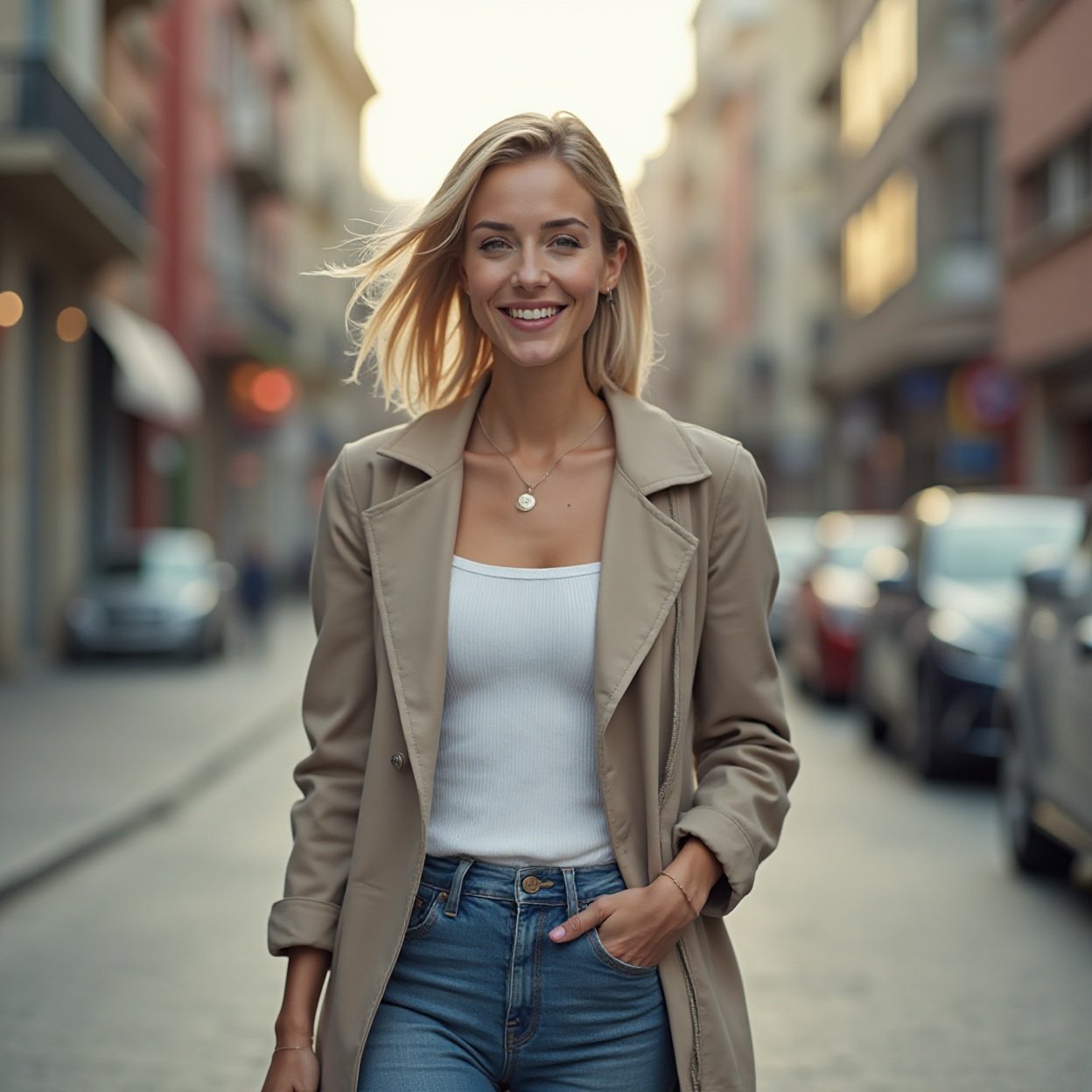 A beautiful, smiling woman with short hair and a lovely figure, walking through the city