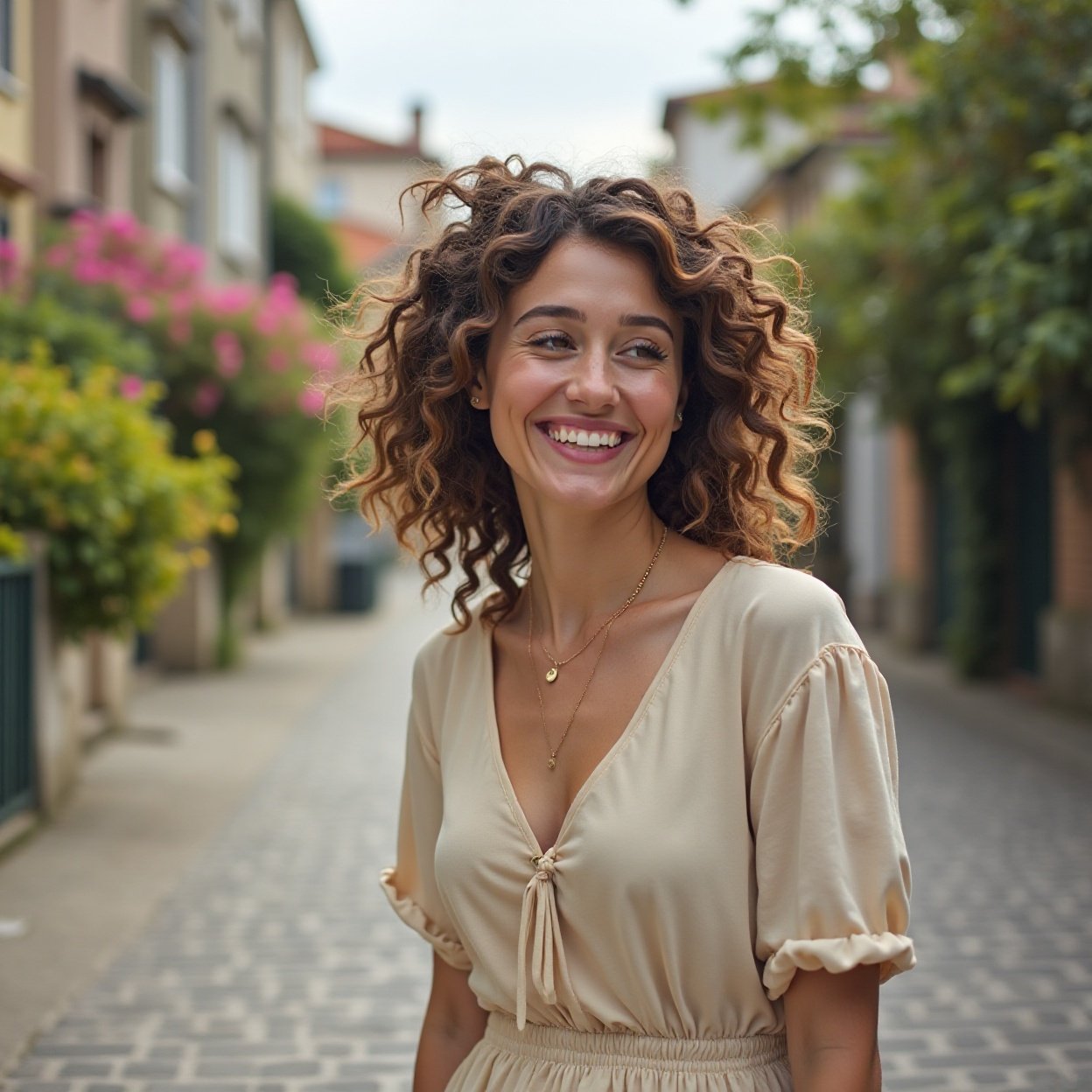 A beautiful woman with curly hair, smiling and with a lovely figure, is walking in a picturesque neighborhood.