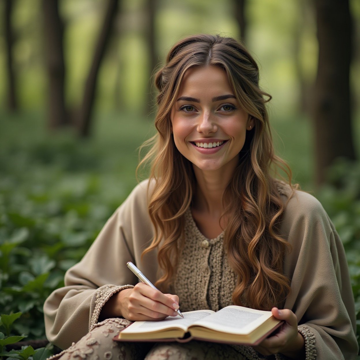 Beautiful Arab woman with a lovely chest, smiling, writing in her diary in the forest Beautiful Arab woman with a lovely chest, smiling, writing in her diary in the forest