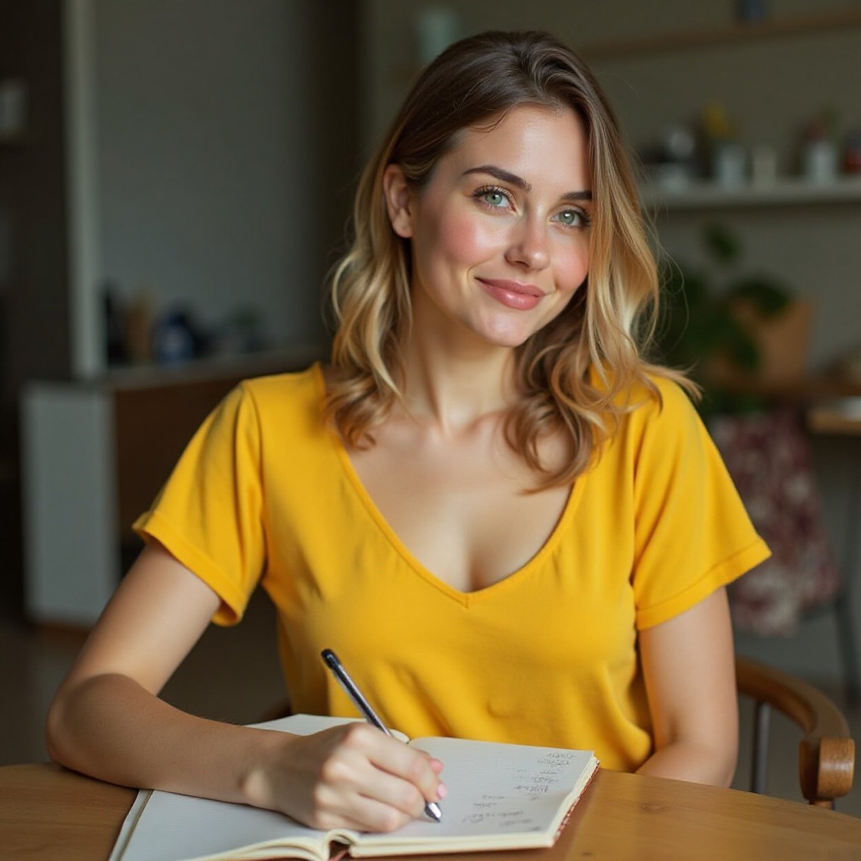 Beautiful Arab woman with a lovely, smiling chest, wearing a yellow t-shirt, writing in her diary while drinking coffee Beautiful Arab woman with a lovely, smiling chest, wearing a yellow t-shirt, writing in her diary while drinking coffee