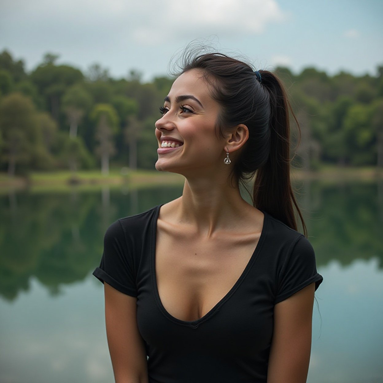 Beautiful Arab woman with large breasts, smiling, wearing a low-cut black t-shirt, alone, looking at the lake surroun Beautiful Arab woman with large breasts, smiling, wearing a low-cut black t-shirt, alone, looking at the lake surrounded by forest