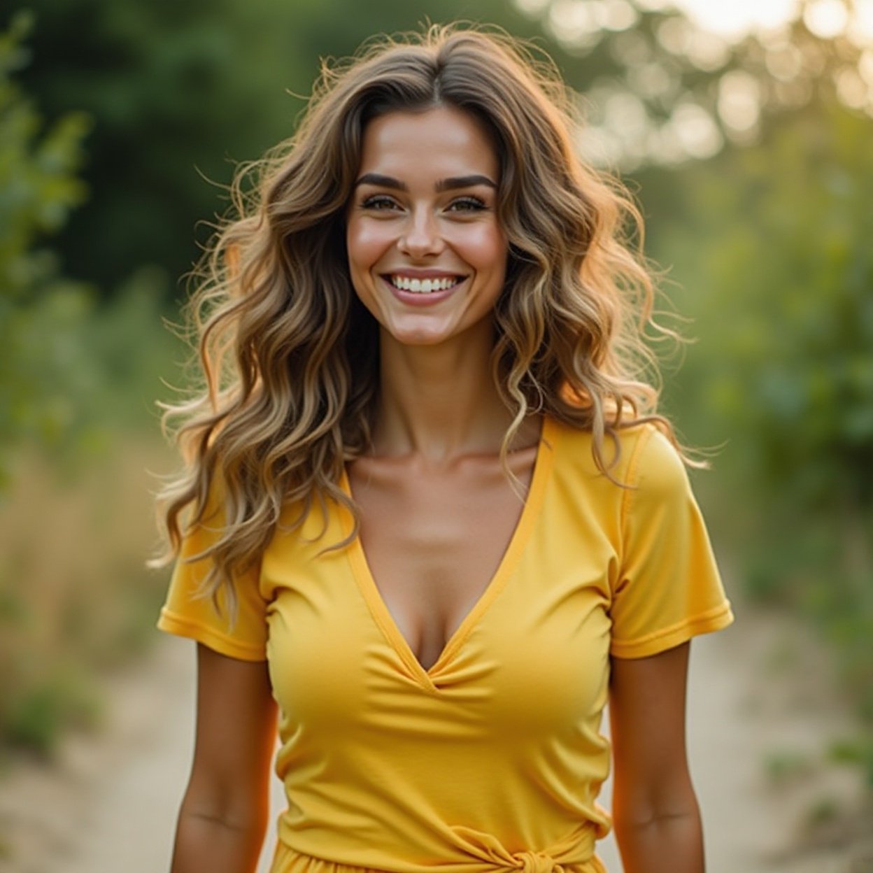 Beautiful Arab woman with large breasts, smiling, wearing a low-cut yellow t-shirt, walking alone on a nature path Beautiful Arab woman with large breasts, smiling, wearing a low-cut yellow t-shirt, walking alone on a nature path