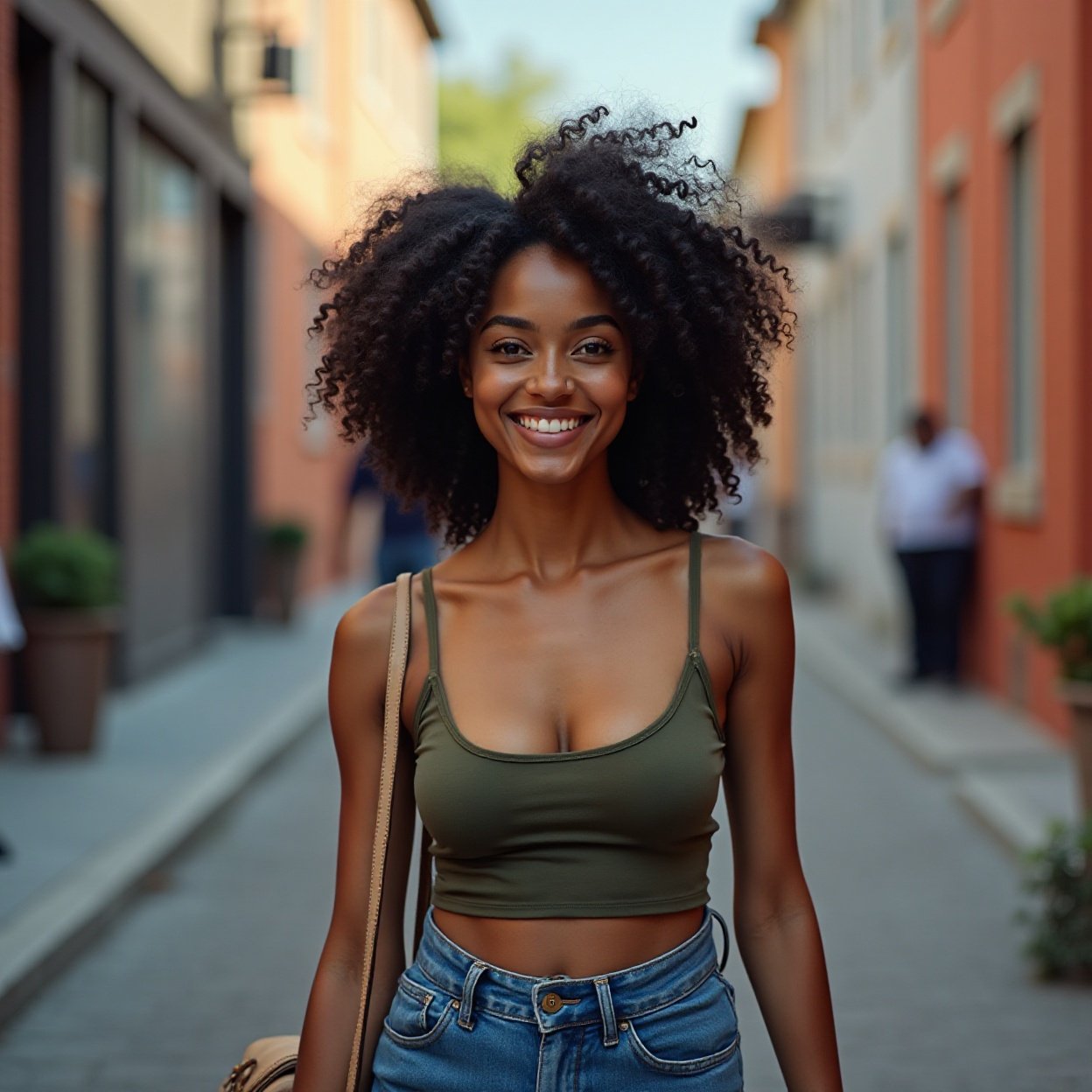 Beautiful Black woman with curly hair, smiling, walking down a city alley