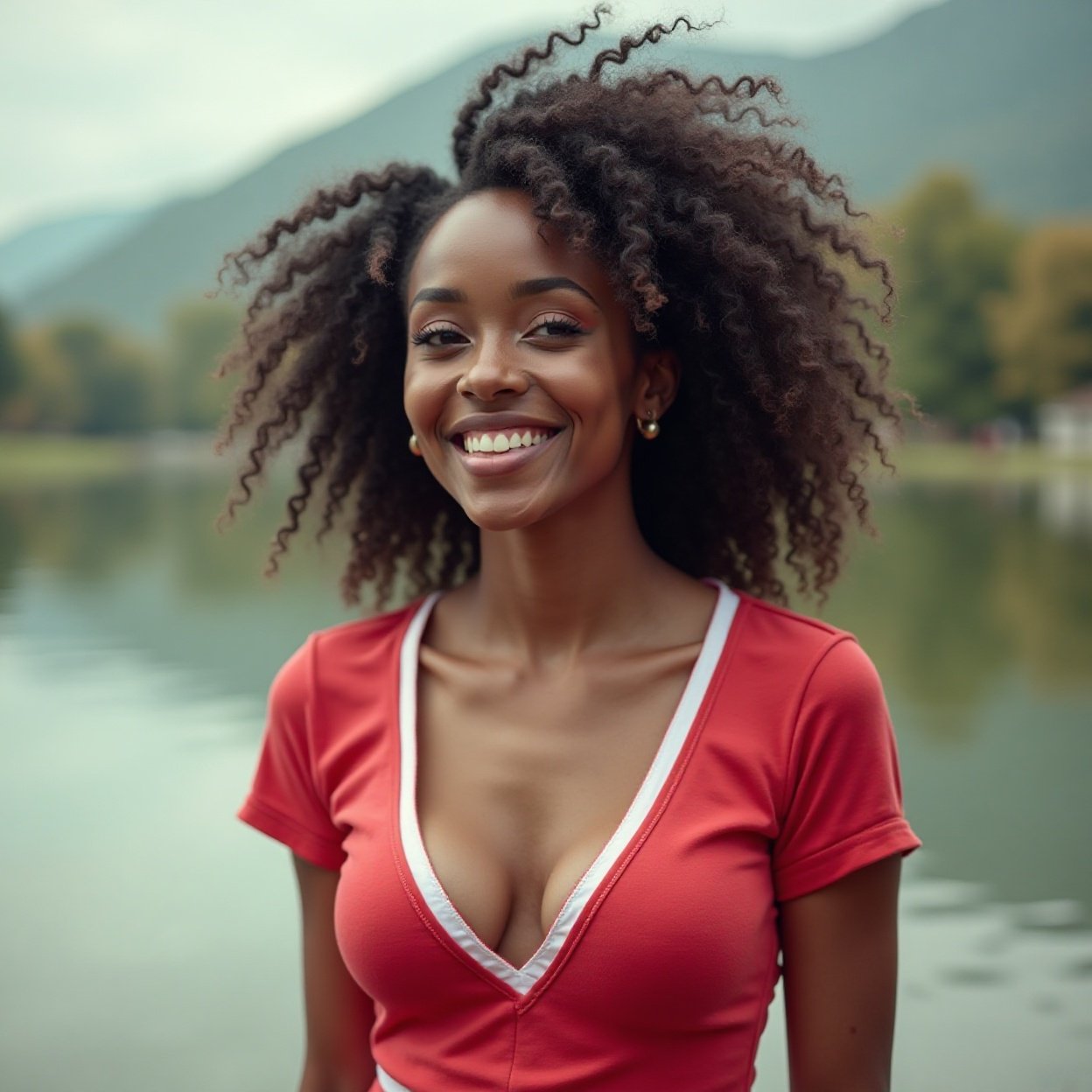Beautiful Black woman with large breasts, smiling, wearing a red and white low-cut t-shirt, in front of a lake Beautiful Black woman with large breasts, smiling, wearing a red and white low-cut t-shirt, in front of a lake
