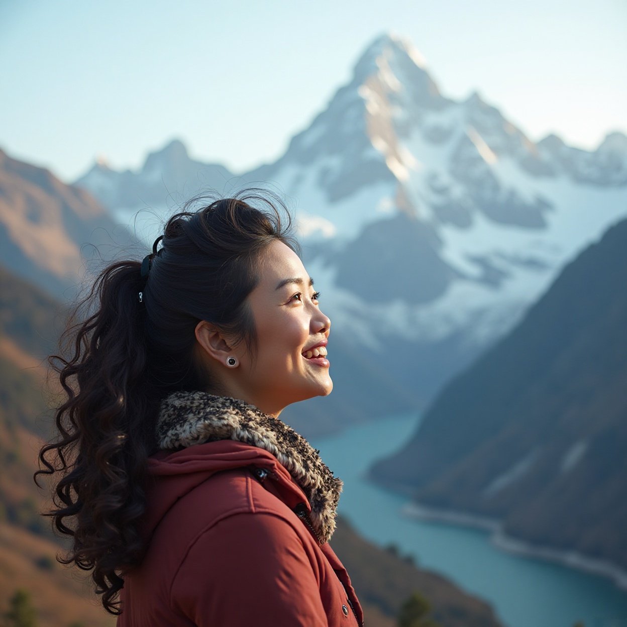Beautiful Chinese woman with curly hair, smiling, looking at the mountain which is still snow-covered in places