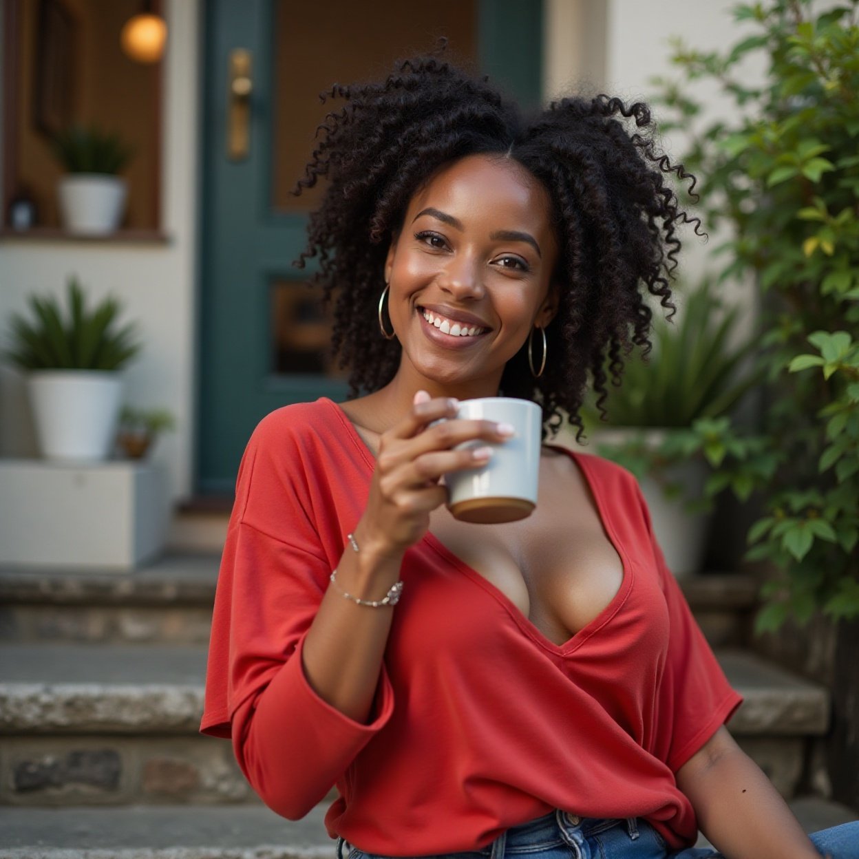 Beautiful black woman with a lovely, smiling chest, wearing a red t-shirt with a low neckline, alone, drinking coffee Beautiful black woman with a lovely, smiling chest, wearing a red t-shirt with a low neckline, alone, drinking coffee on the steps of her house