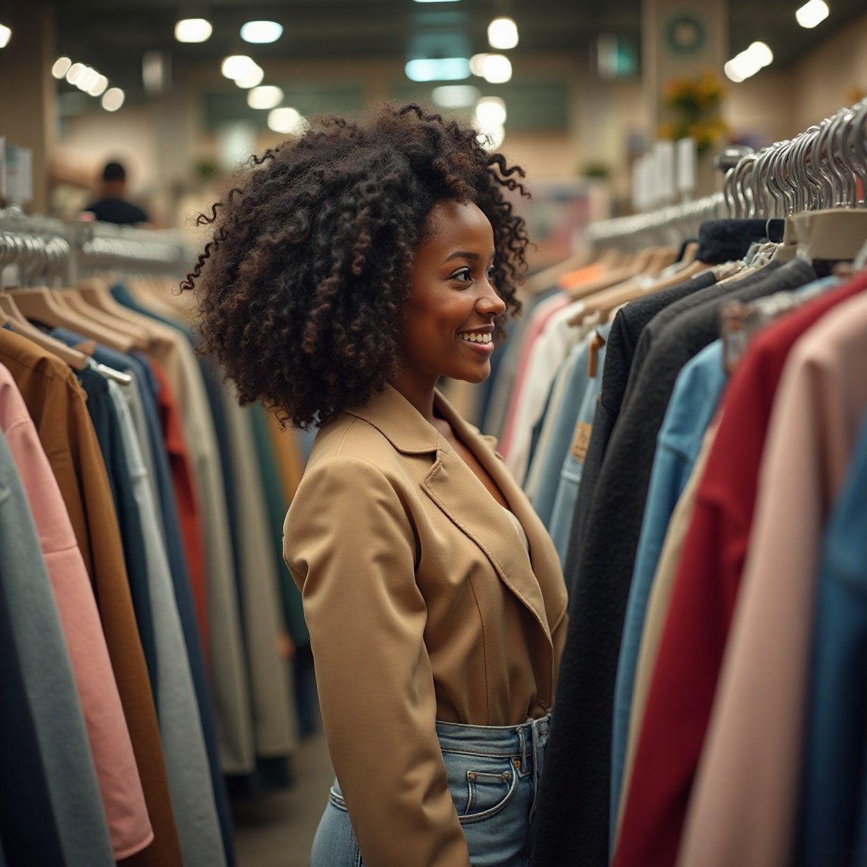 Beautiful black woman with curly hair, smiling, looking at clothes in a market