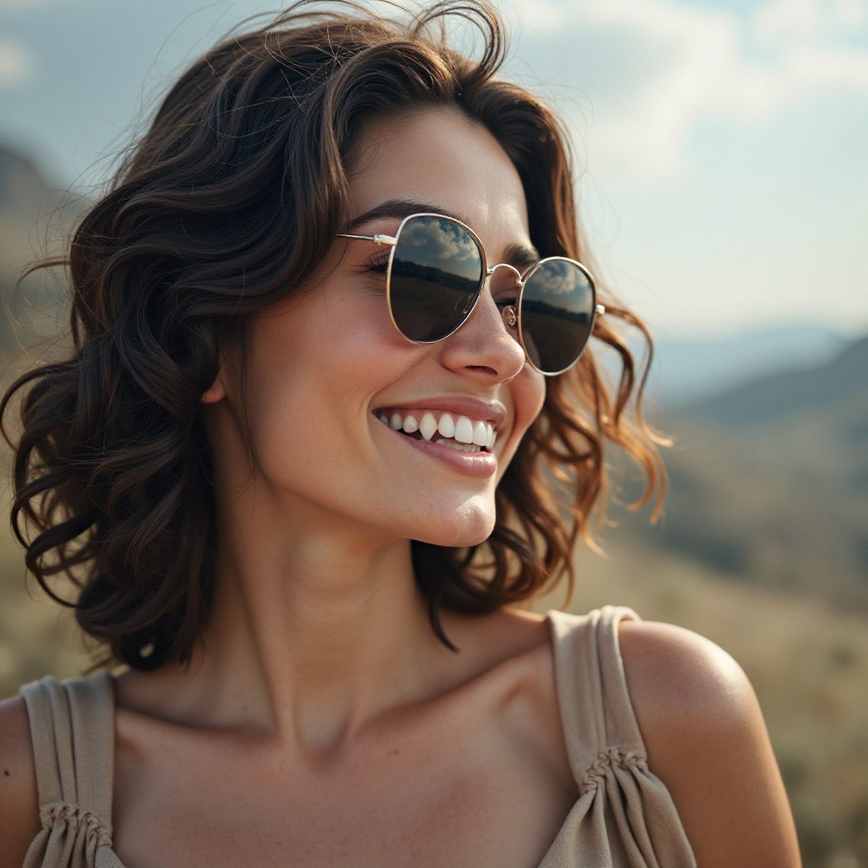 Beautiful brunette woman smiling in sunglasses, Reflection Time, Poetic, introspective landscapes Beautiful brunette woman smiling in sunglasses, Reflection Time, Poetic, introspective landscapes