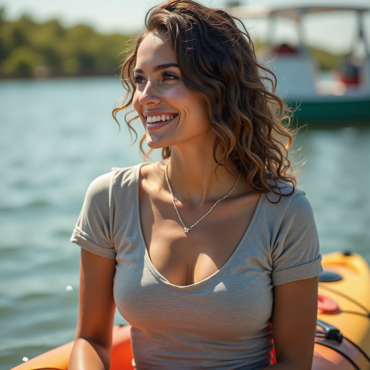 Beautiful smiling Arab woman, lovely breasts, low-cut t-shirt, kayaking Beautiful smiling Arab woman, lovely breasts, low-cut t-shirt, kayaking