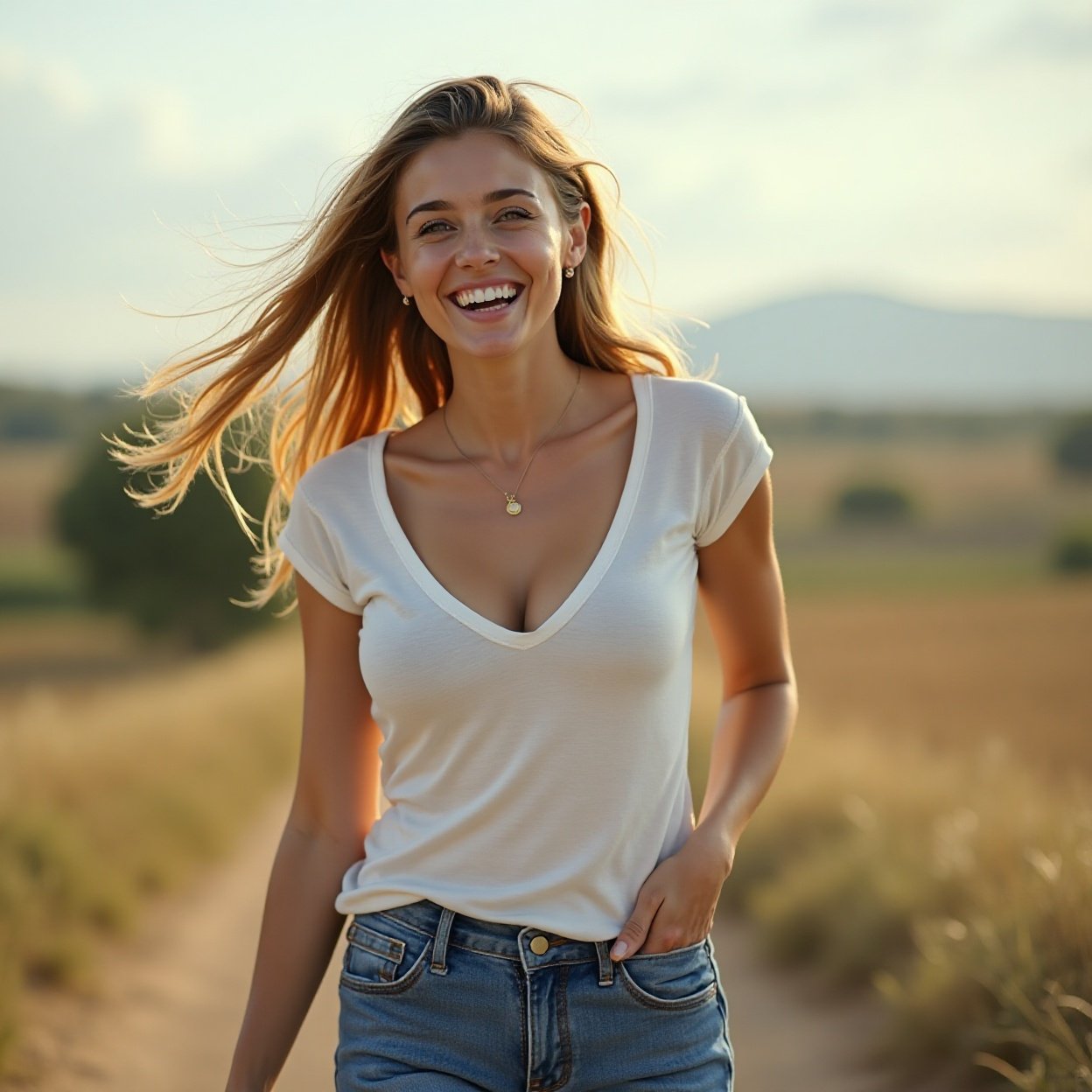 Beautiful smiling Arab woman, wearing a low-cut t-shirt and jeans, with a lovely bust, walking in the countryside Beautiful smiling Arab woman, wearing a low-cut t-shirt and jeans, with a lovely bust, walking in the countryside