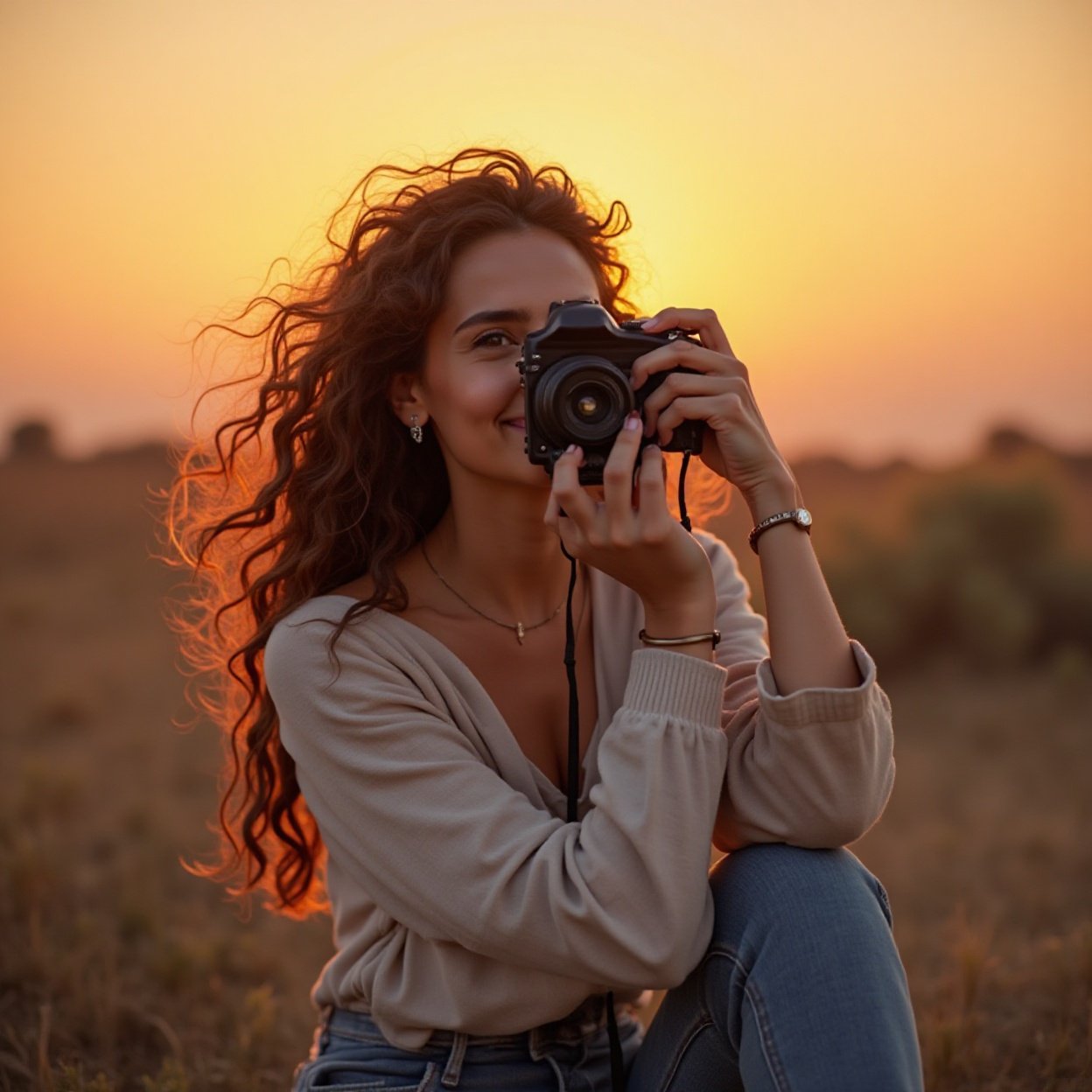 Beautiful smiling Arab woman with a lovely chest holding a camera, photographing a sunset Beautiful smiling Arab woman with a lovely chest holding a camera, photographing a sunset