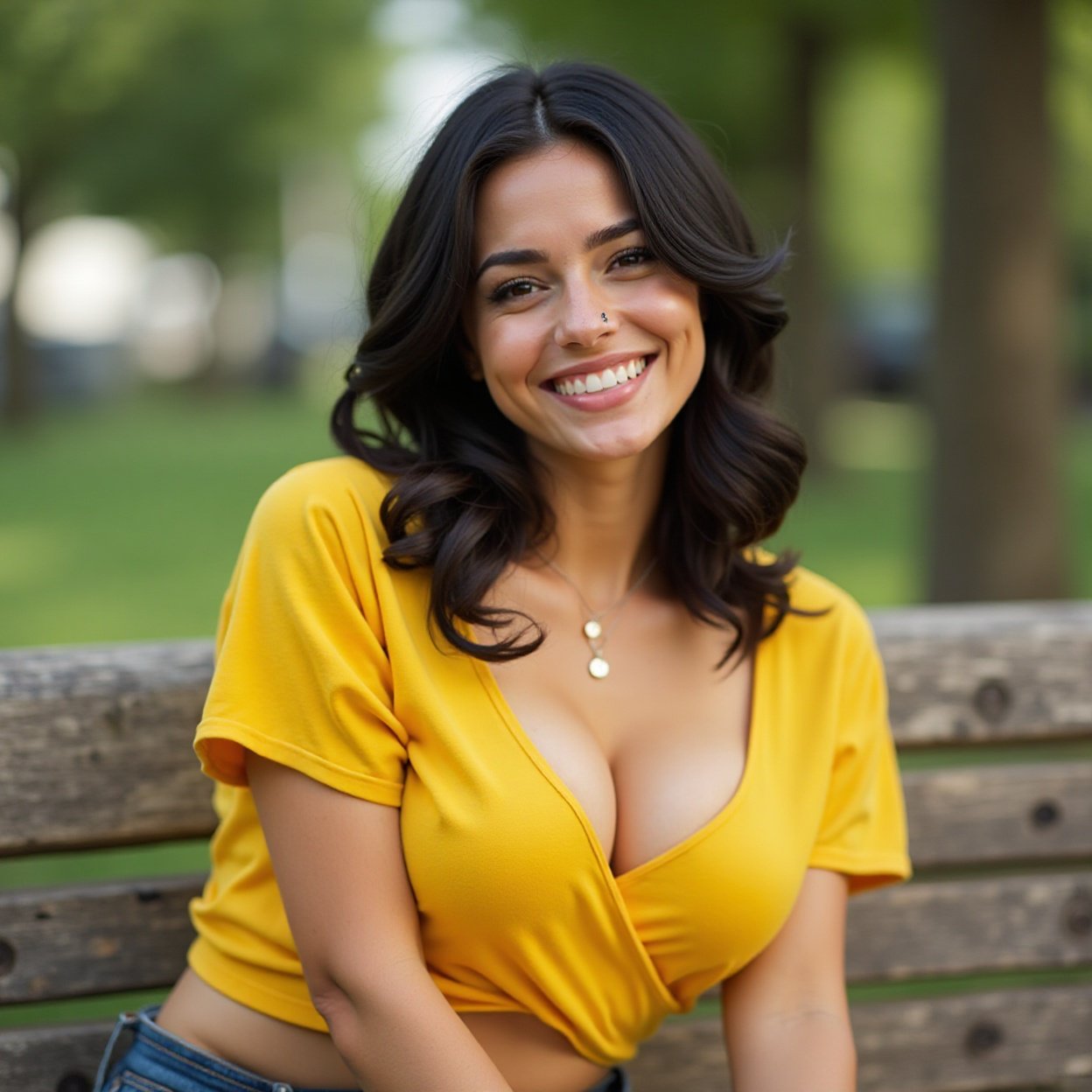Beautiful smiling Arab woman with black hair, a lovely bust, wearing a bright yellow t-shirt with a low neckline, resting on a bench Beautiful smiling Arab woman with black hair, a lovely bust, wearing a bright yellow t-shirt with a low neckline, resting on a bench