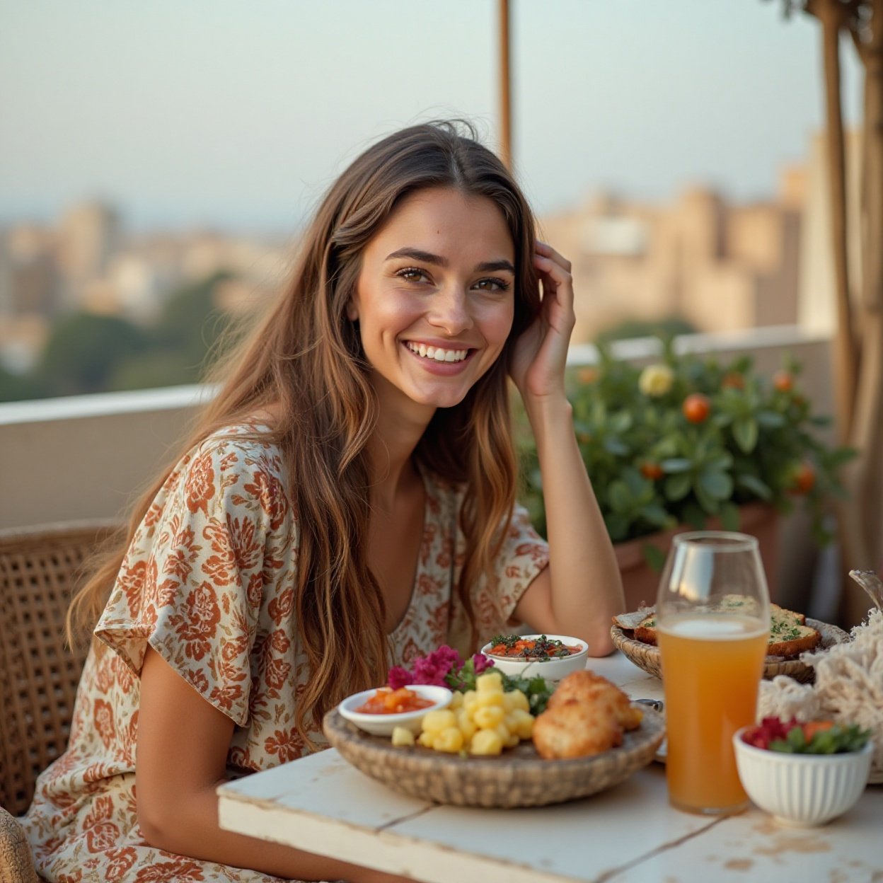 Beautiful smiling Arab woman with long hair, having lunch on the terrace Beautiful smiling Arab woman with long hair, having lunch on the terrace