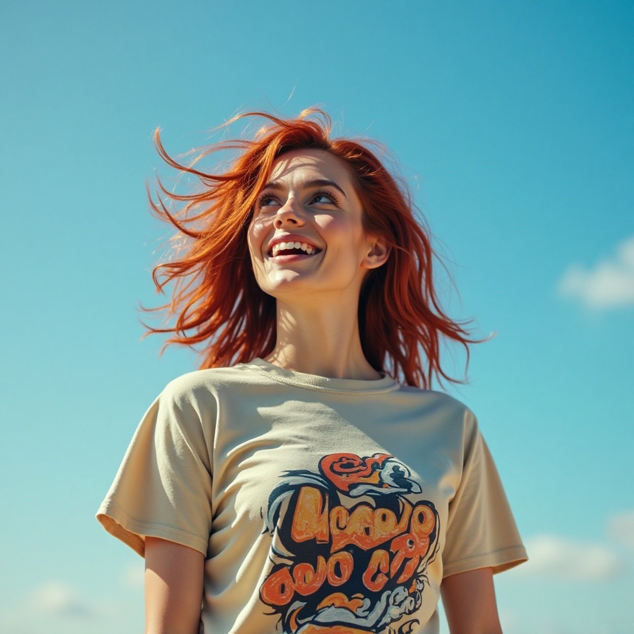 Beautiful smiling Arab woman with red hair, a lovely figure, and a flashy t-shirt, walking and gazing at the blue sky Beautiful smiling Arab woman with red hair, a lovely figure, and a flashy t-shirt, walking and gazing at the blue sky