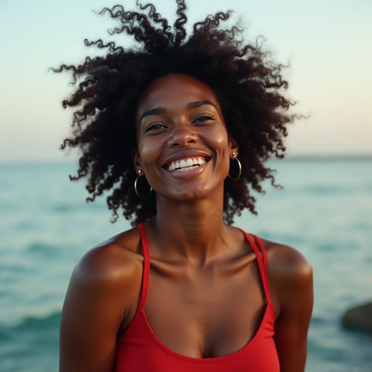 Beautiful smiling Black woman red tank top Reflection Time Sea light and perspective Beautiful smiling Black woman, red tank top. Reflection: Time, Sea, light, and perspective