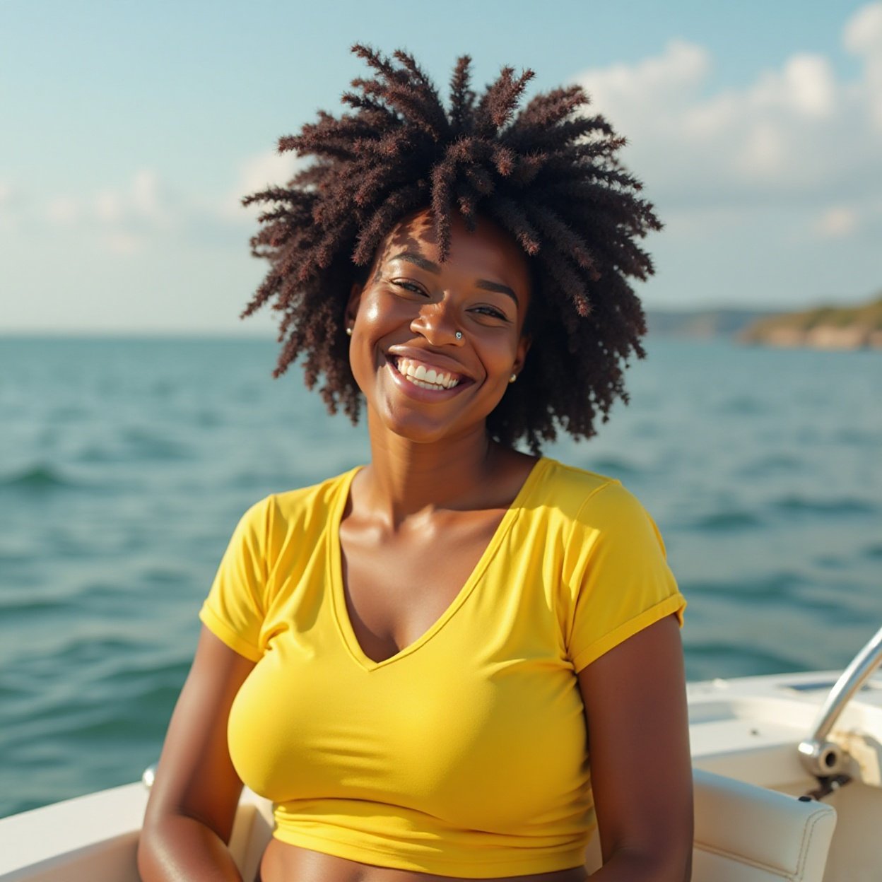 Beautiful smiling Black woman, wearing a flashy yellow T-shirt, with a beautiful bust, on a private boat Beautiful smiling Black woman, wearing a flashy yellow T-shirt, with a beautiful bust, on a private boat