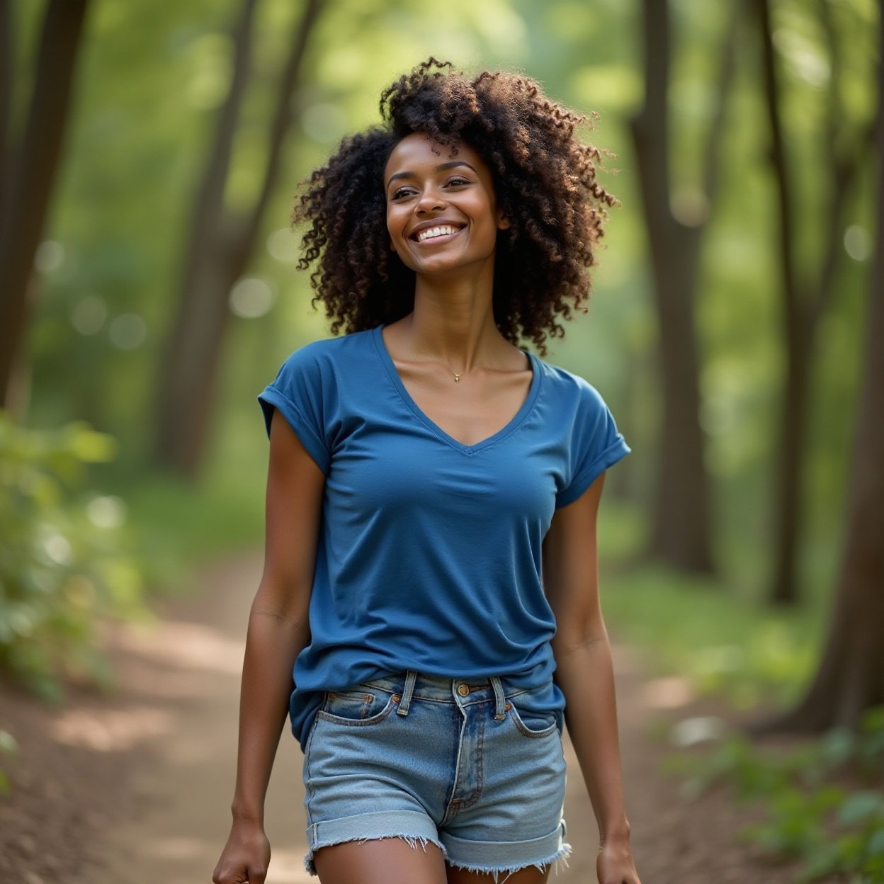 Beautiful smiling Black woman, wearing a low-cut blue t-shirt and denim shorts, with a lovely bust, walking in a forest Beautiful smiling Black woman, wearing a low-cut blue t-shirt and denim shorts, with a lovely bust, walking in a forest