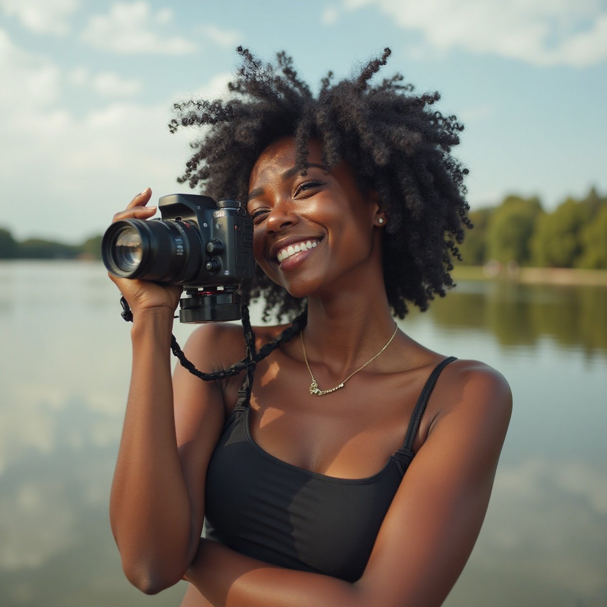 Beautiful smiling Black woman with a beautiful chest holding a camera and photographing a lake Beautiful smiling Black woman with a beautiful chest holding a camera and photographing a lake