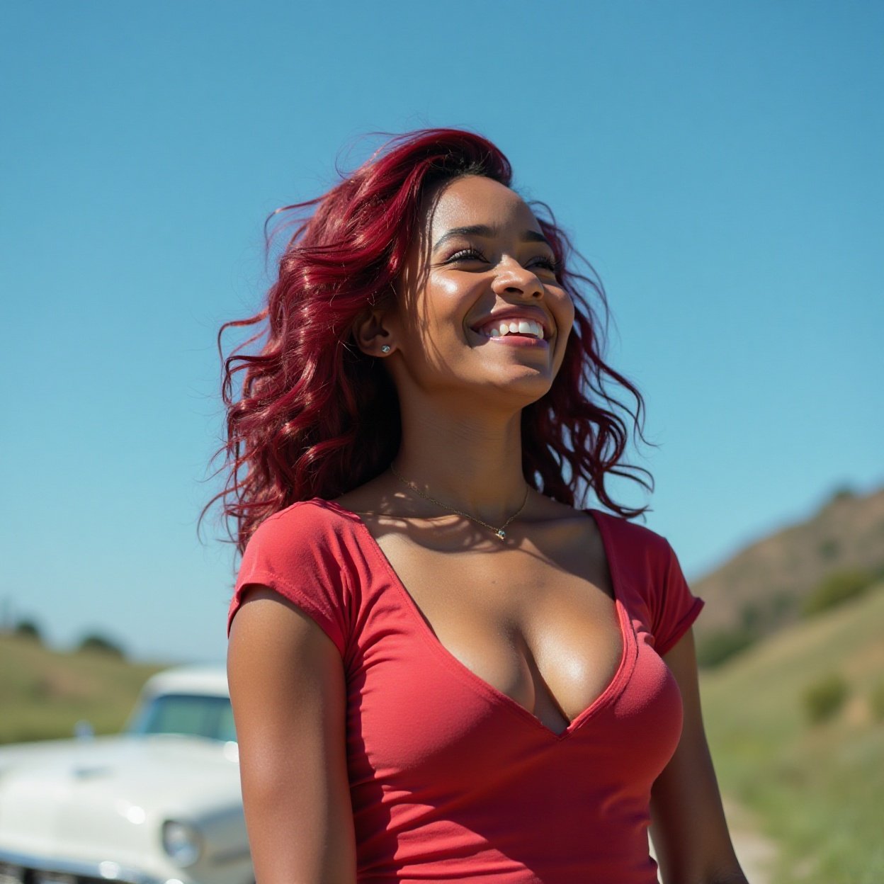 Beautiful smiling Black woman with red hair, a lovely bust, and a flashy low-cut t-shirt, walking and looking at the blue sky Beautiful smiling Black woman with red hair, a lovely bust, and a flashy low-cut t-shirt, walking and looking at the blue sky