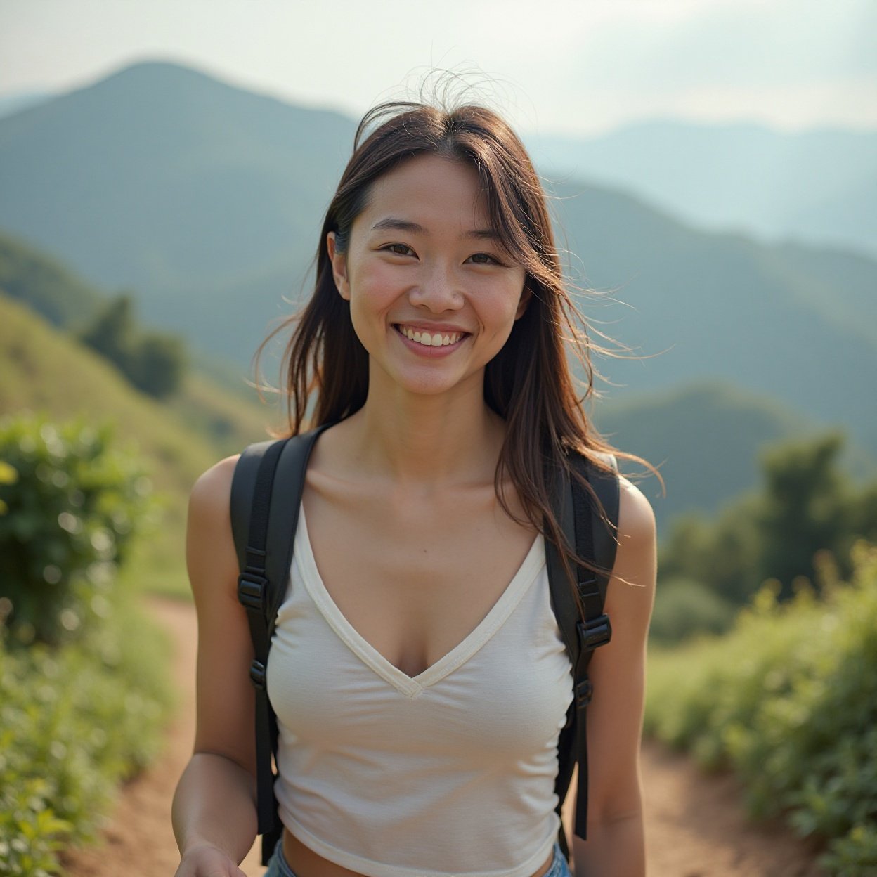Beautiful smiling Chinese woman, backpack, beautiful breasts, whom I am walking on a hill Beautiful smiling Chinese woman, backpack, beautiful breasts, whom I am walking on a hill