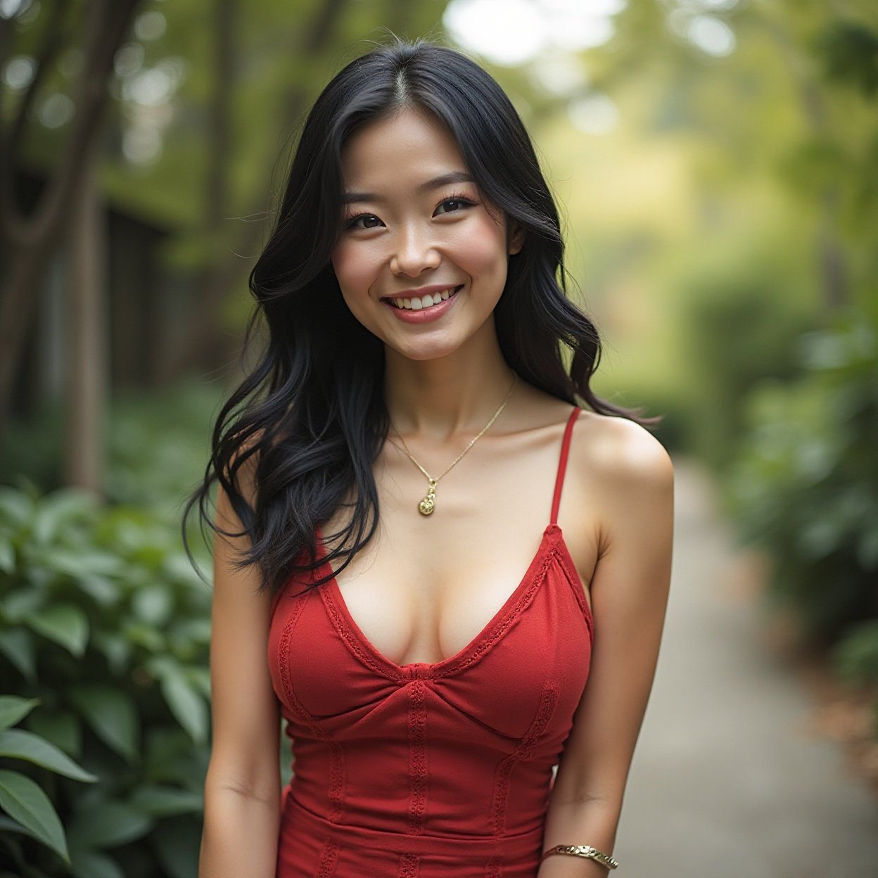 Beautiful smiling Chinese woman, black hair, beautiful breasts, whom I am walking in a garden Beautiful smiling Chinese woman, black hair, beautiful breasts, whom I am walking in a garden