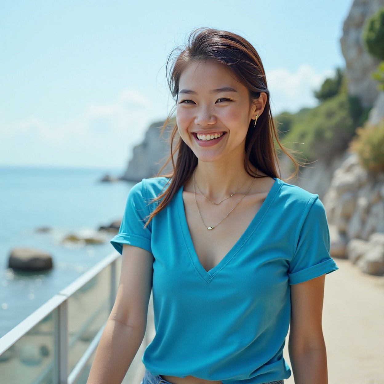 Beautiful smiling Chinese woman, wearing a flashy blue low-cut t-shirt, taking a coastal walk