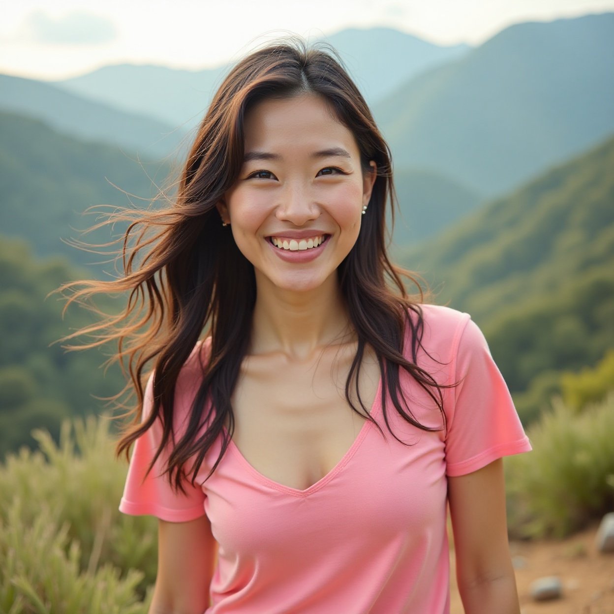 Beautiful smiling Chinese woman, wearing a flashy pink low-cut t-shirt, taking a walk in the hills