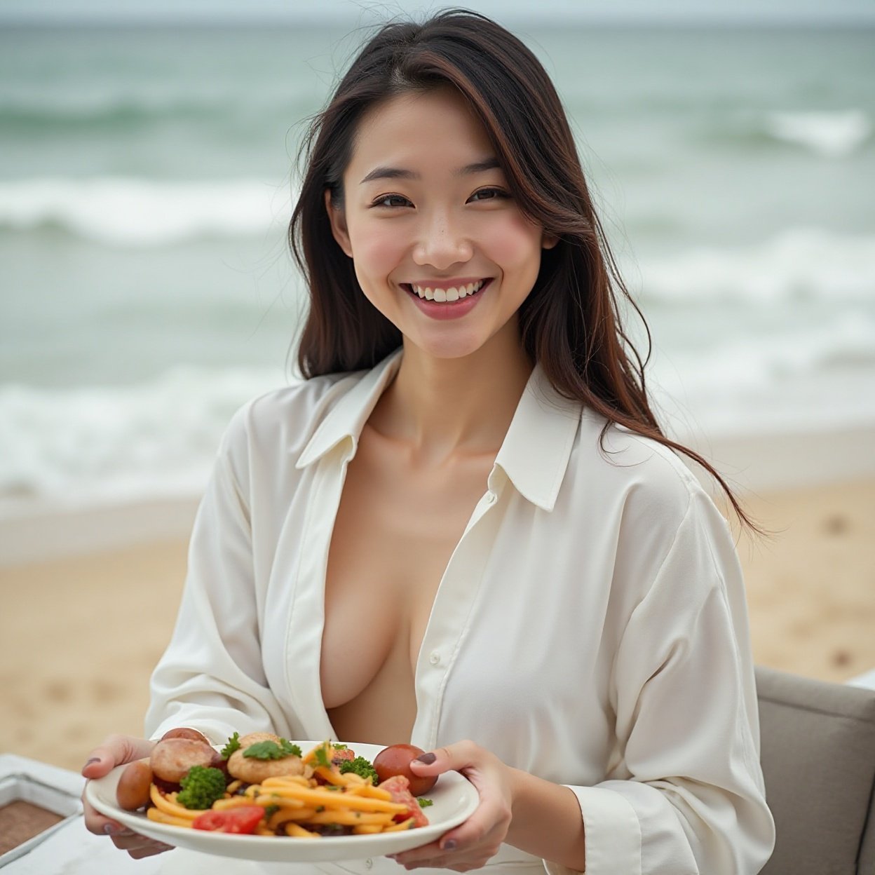 Beautiful smiling Chinese woman with long hair, having lunch on the beach terrace in a white dressing gown Beautiful smiling Chinese woman with long hair, having lunch on the beach terrace in a white dressing gown
