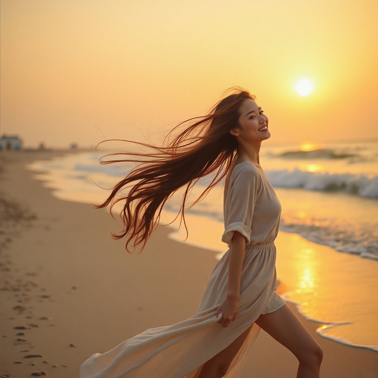 Beautiful smiling Chinese woman with long hair, walking on a secluded beach to watch the sunset Beautiful smiling Chinese woman with long hair, walking on a secluded beach to watch the sunset