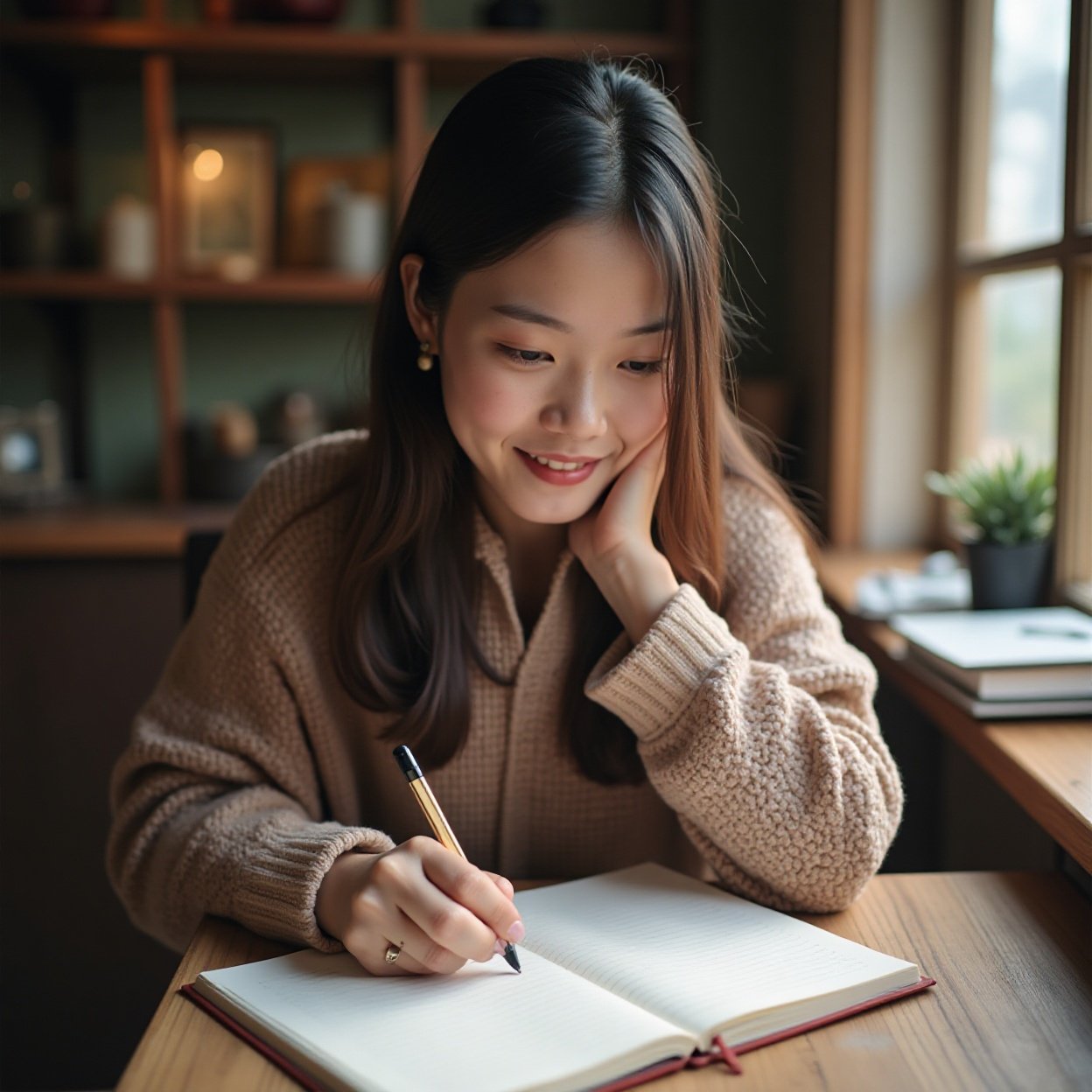 Beautiful smiling Chinese woman, writing in her diary Beautiful smiling Chinese woman, writing in her diary