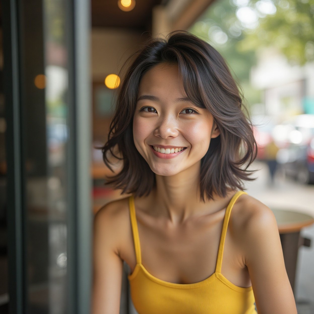 Beautiful smiling Chinese woman, yellow tank top. Reflection Time, Slow café culture for introspection Beautiful smiling Chinese woman, yellow tank top. Reflection Time, Slow café culture for introspection