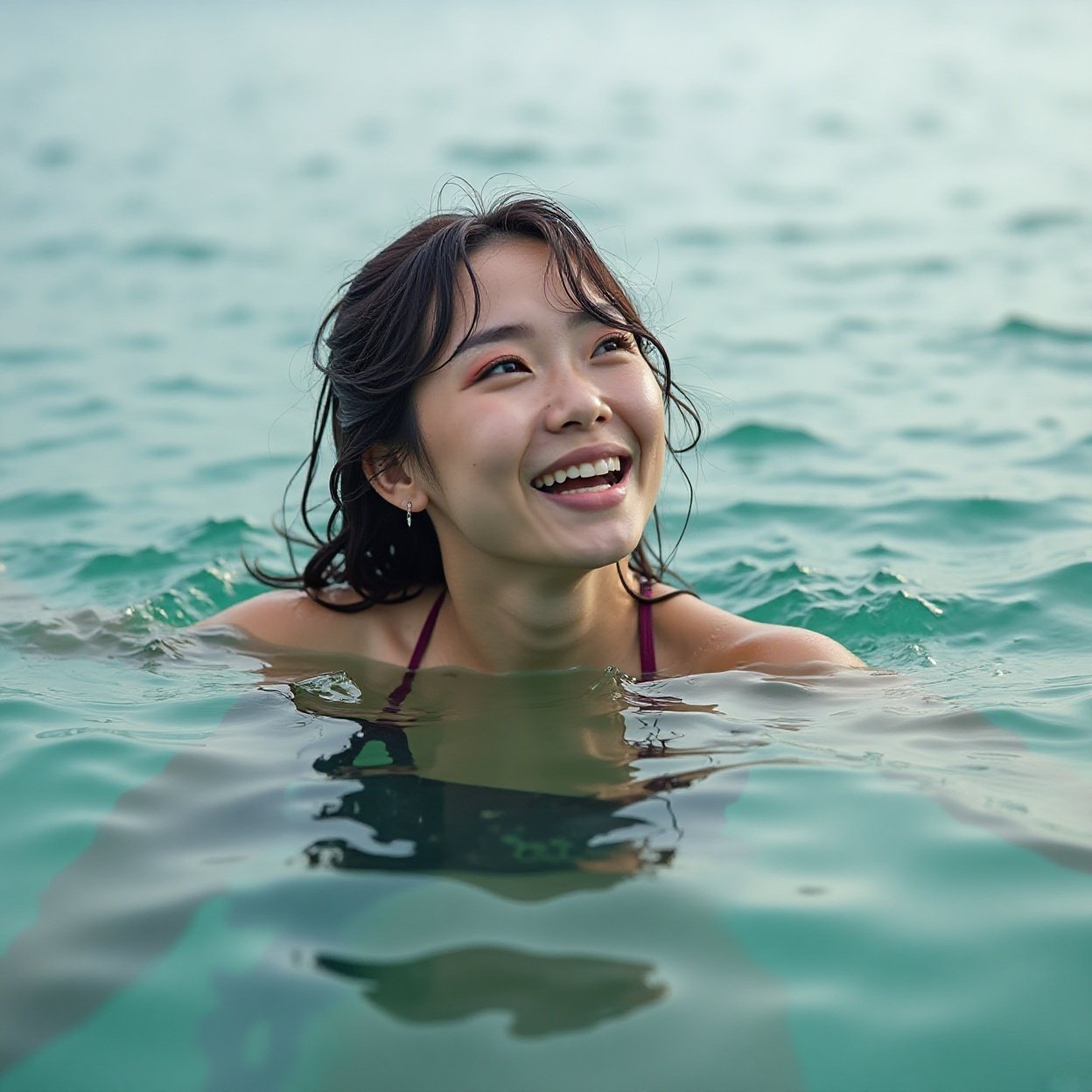 Beautiful smiling Japanese woman, swimming on her back in the sea