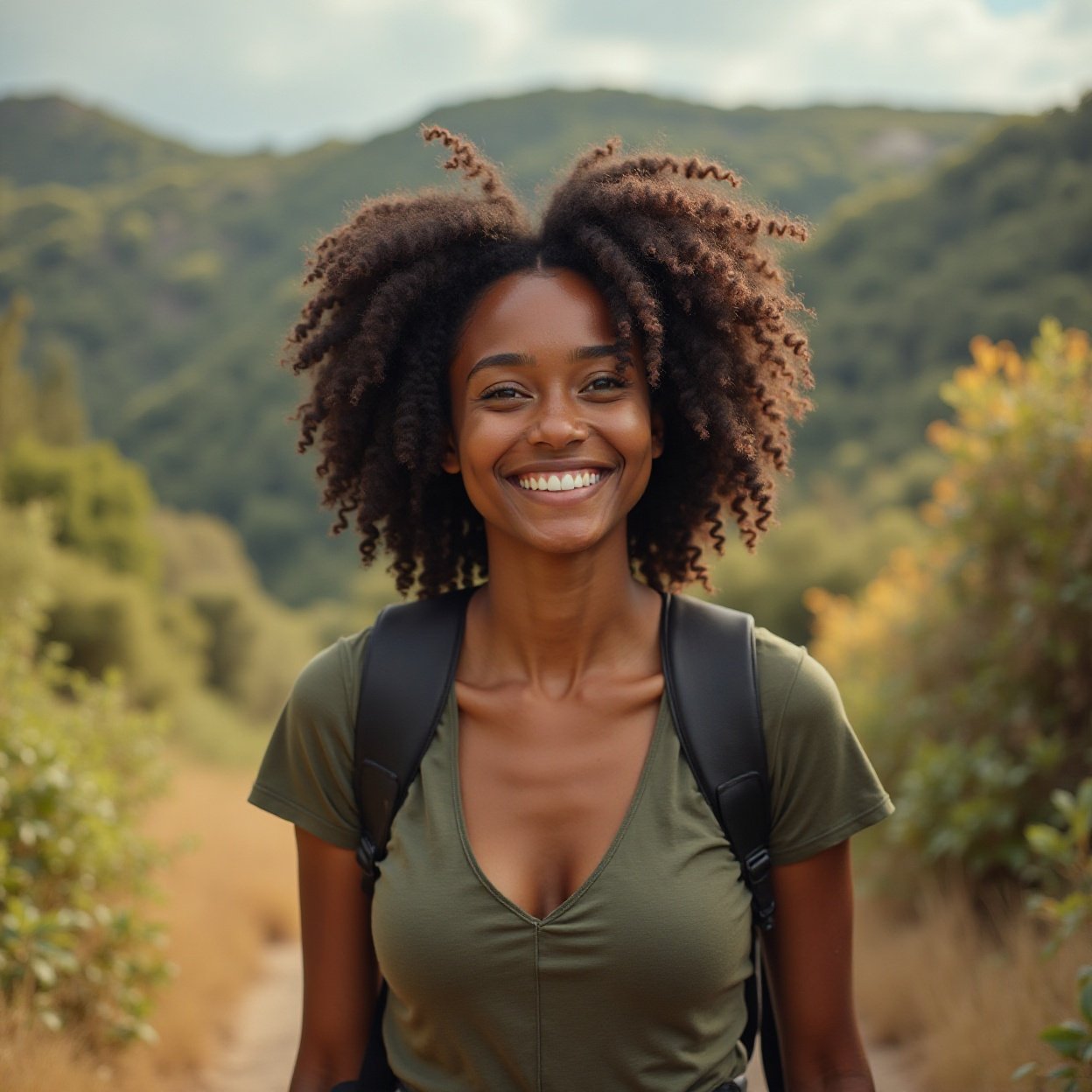 Beautiful smiling black woman, beautiful breasts, low-cut t-shirt, hiking Beautiful smiling black woman, beautiful breasts, low-cut t-shirt, hiking
