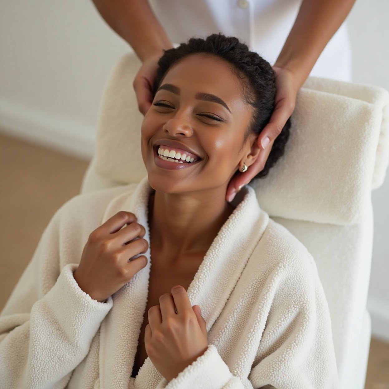 Beautiful smiling black woman in a bathrobe getting a massage Beautiful smiling black woman in a bathrobe getting a massage