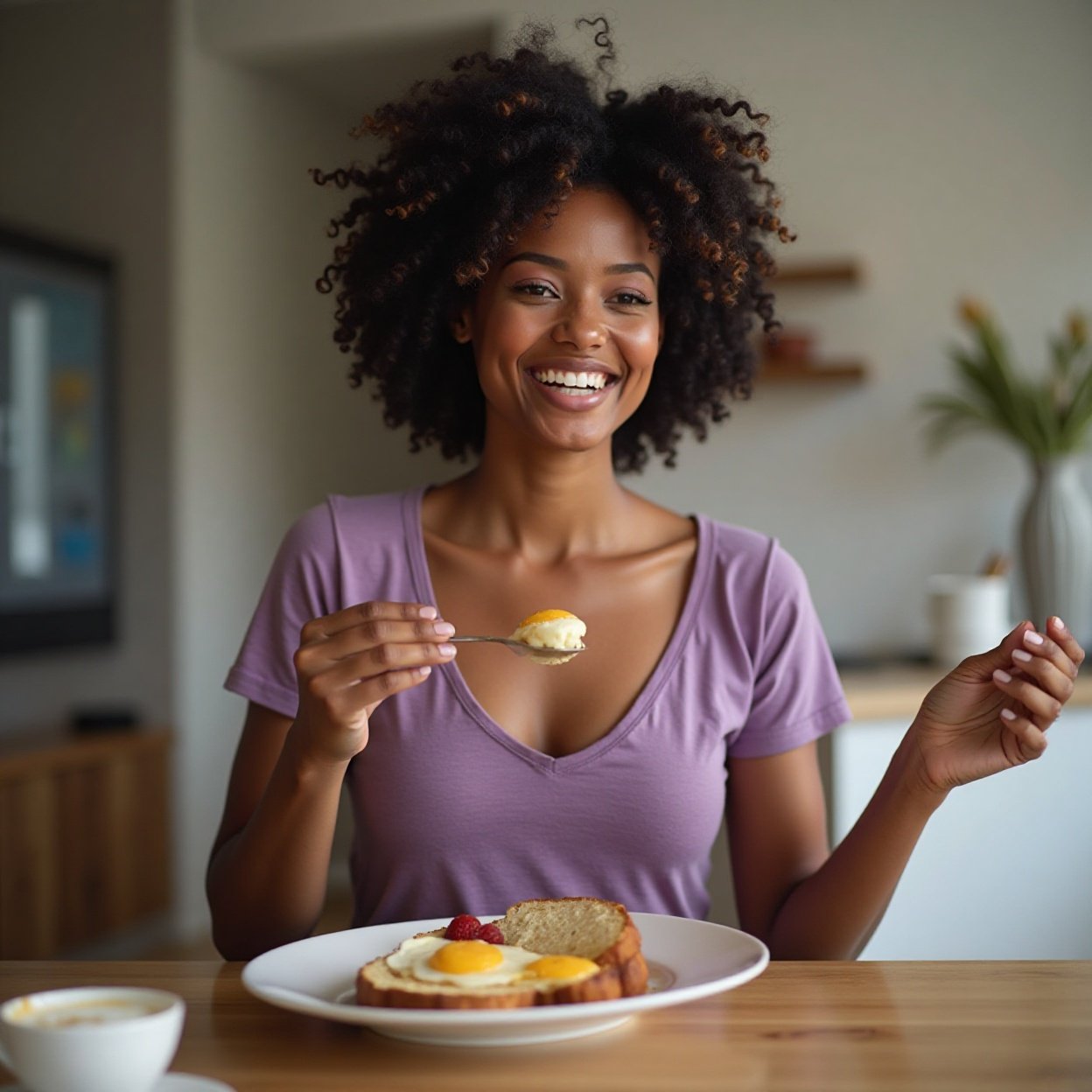 Beautiful smiling black woman, lovely breasts, wearing a low-cut purple t-shirt, eating her breakfast Beautiful smiling black woman, lovely breasts, wearing a low-cut purple t-shirt, eating her breakfast
