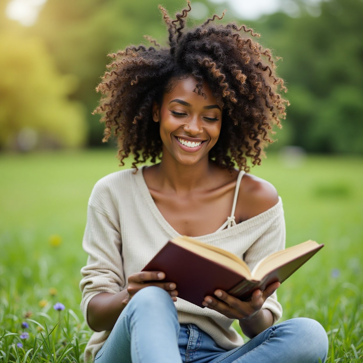 Beautiful smiling black woman, reading a book while sitting in the grass Beautiful smiling black woman, reading a book while sitting in the grass