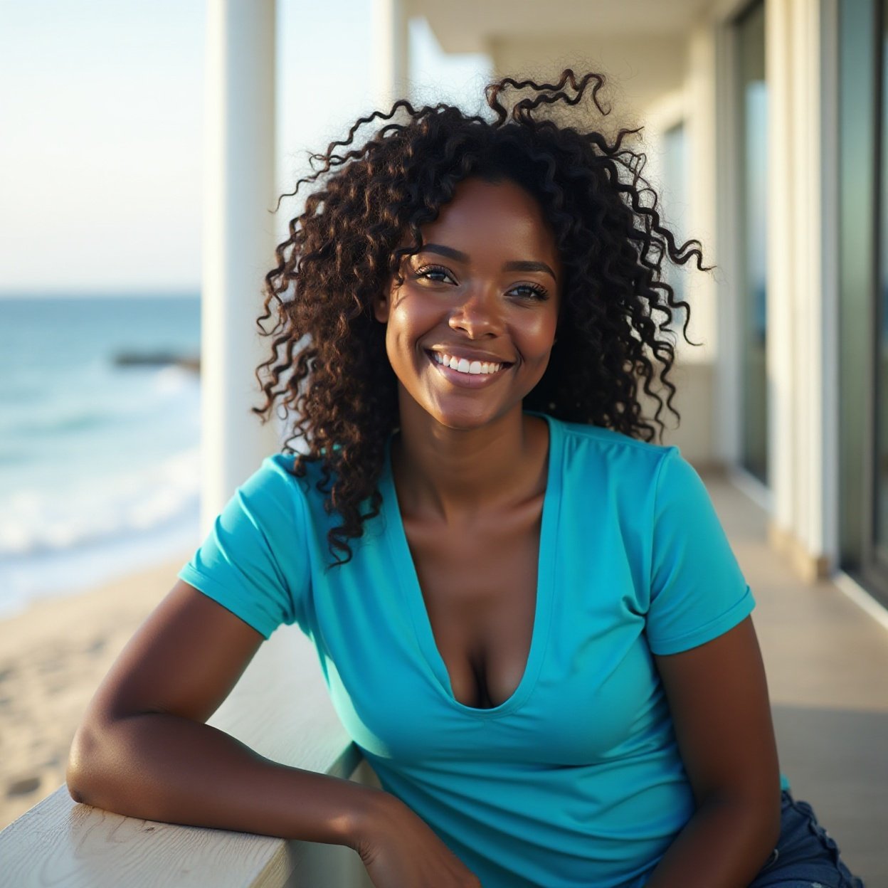 Beautiful smiling black woman with black hair, a beautiful bust, wearing a bright blue t-shirt with a low neckline, resting Beautiful smiling black woman with black hair, a beautiful bust, wearing a bright blue t-shirt with a low neckline, resting