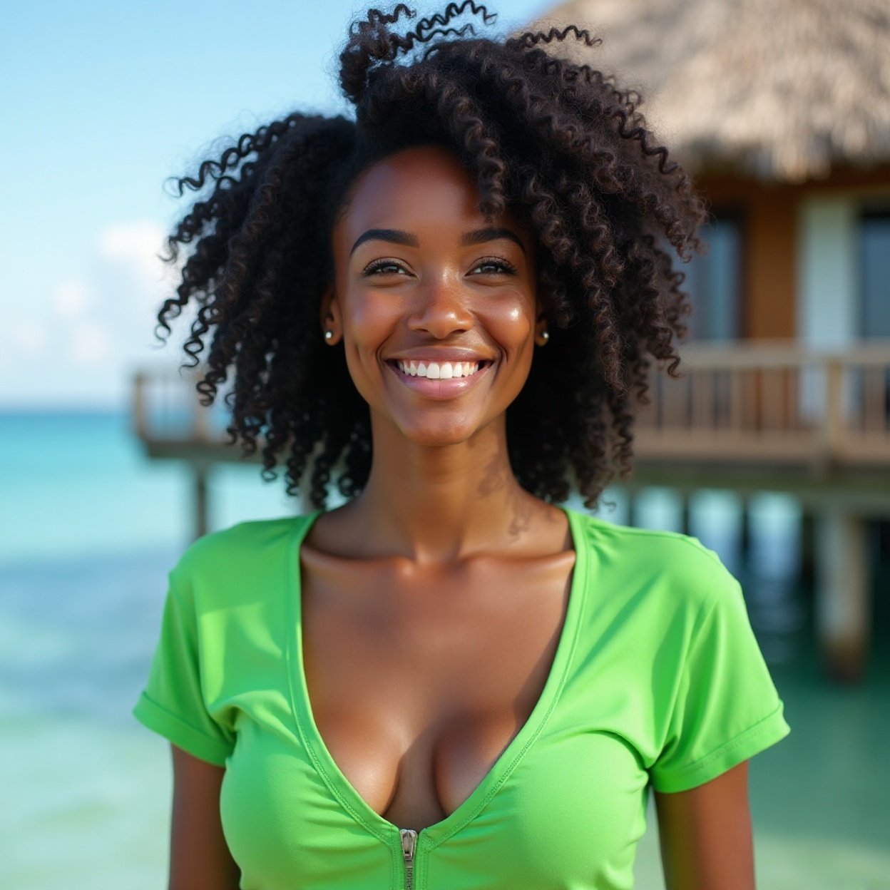 Beautiful smiling black woman with black hair, a beautiful bust, wearing a bright green low-cut t-shirt, standing in front of a house on stilts in the sea Beautiful smiling black woman with black hair, a beautiful bust, wearing a bright green low-cut t-shirt, standing in front of a house on stilts in the sea