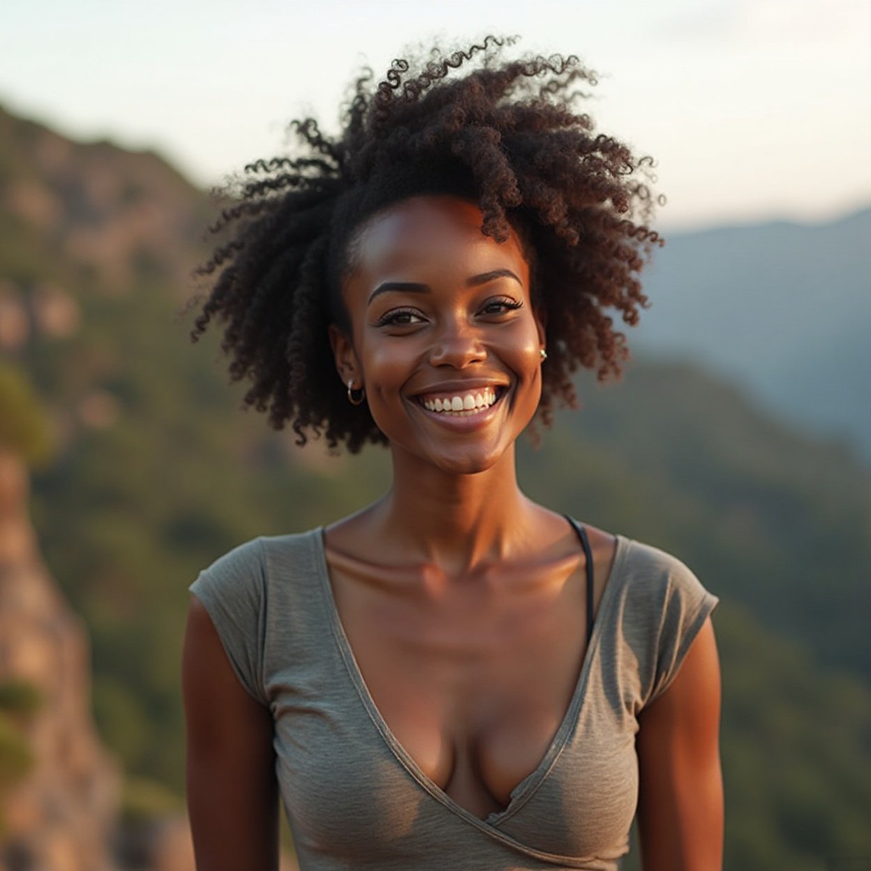 Beautiful smiling black woman with large breasts, wearing a low-cut, strappy t-shirt in the soft light of a mountain Beautiful smiling black woman with large breasts, wearing a low-cut, strappy t-shirt in the soft light of a mountain