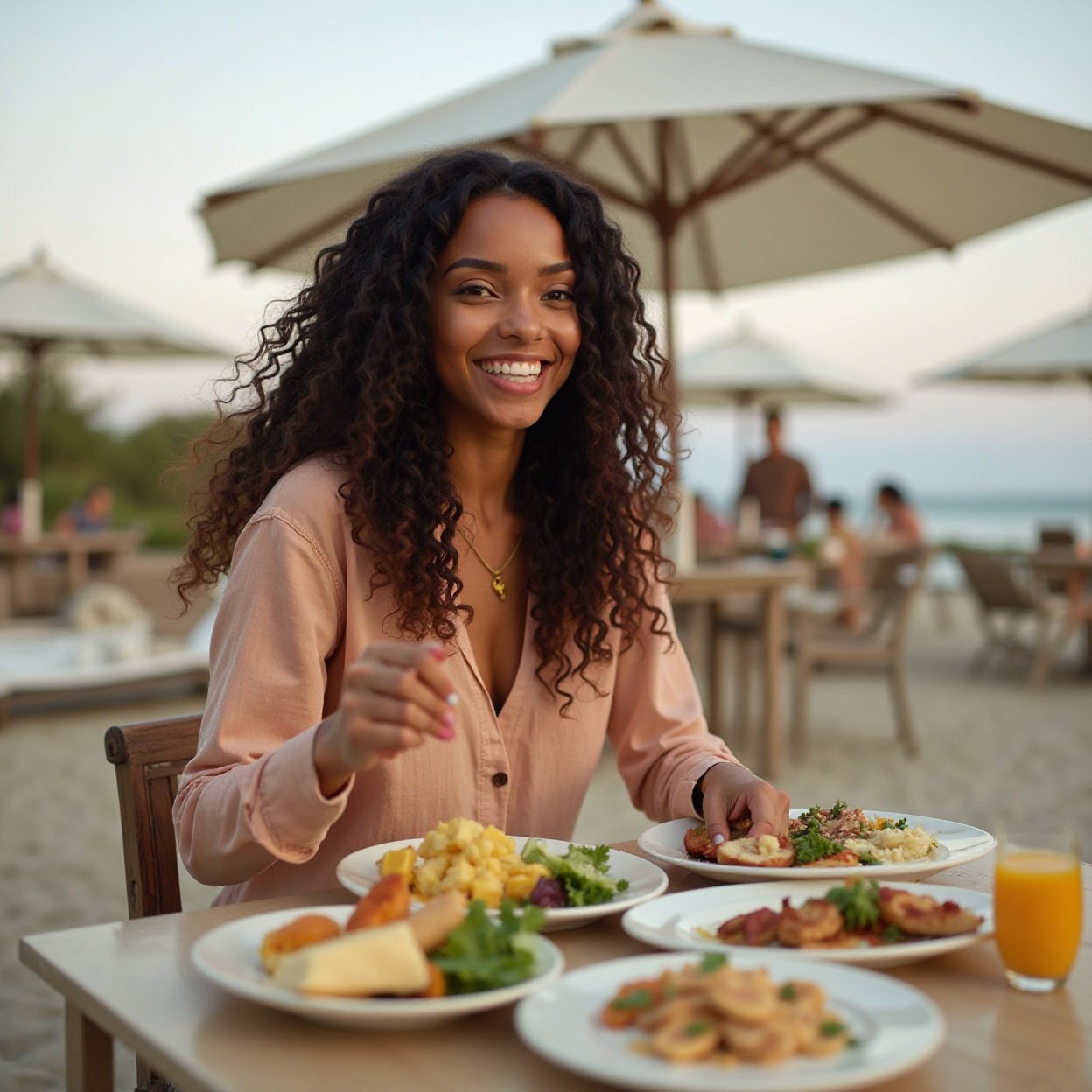 Beautiful smiling black woman with long hair, having lunch on the beach terrace Beautiful smiling black woman with long hair, having lunch on the beach terrace
