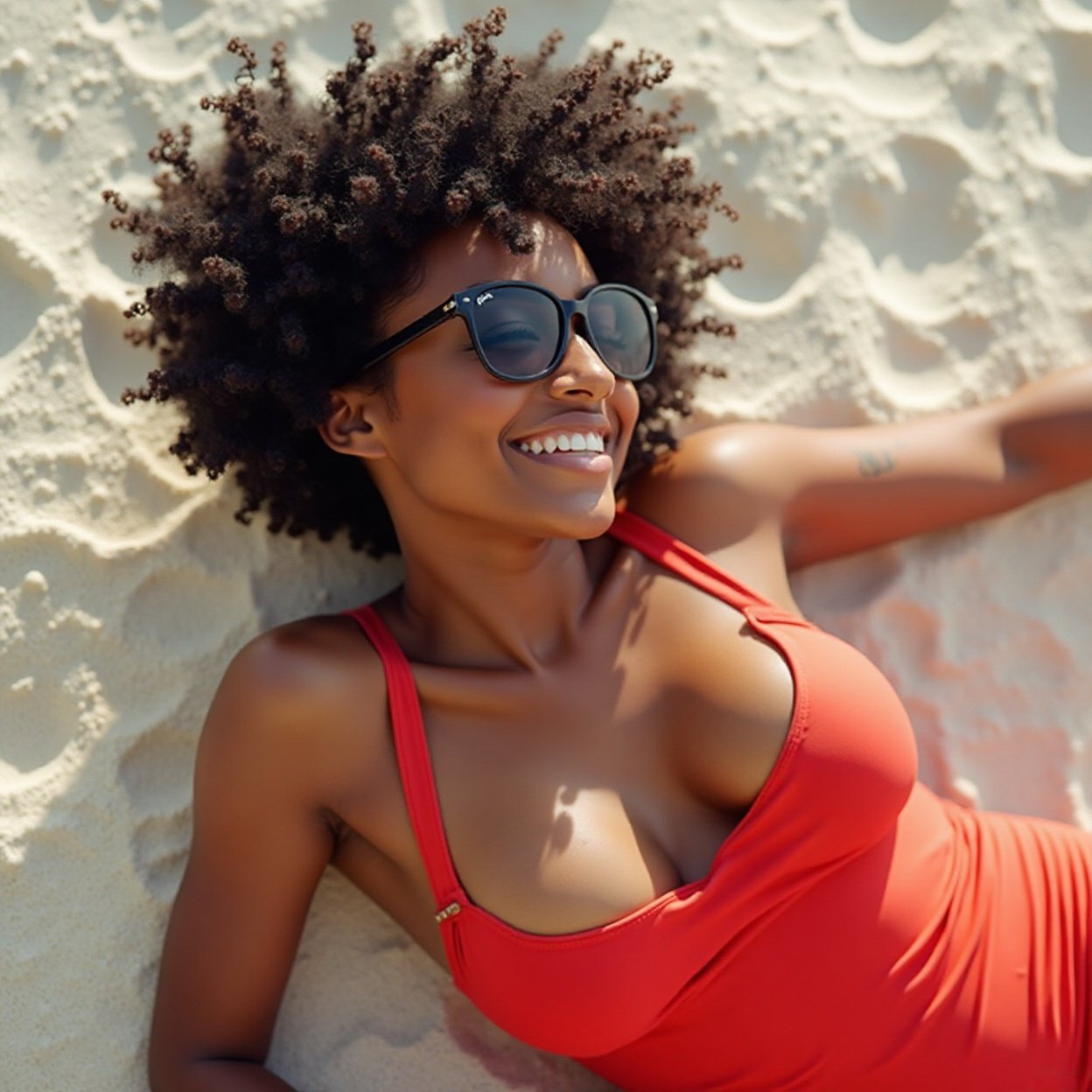 Beautiful smiling black woman with short curly hair, sunglasses, a lovely bust, and a red two-piece swimsuit, lying on the sand sunbathing Beautiful smiling black woman with short curly hair, sunglasses, a lovely bust, and a red two-piece swimsuit, lying on the sand sunbathing.