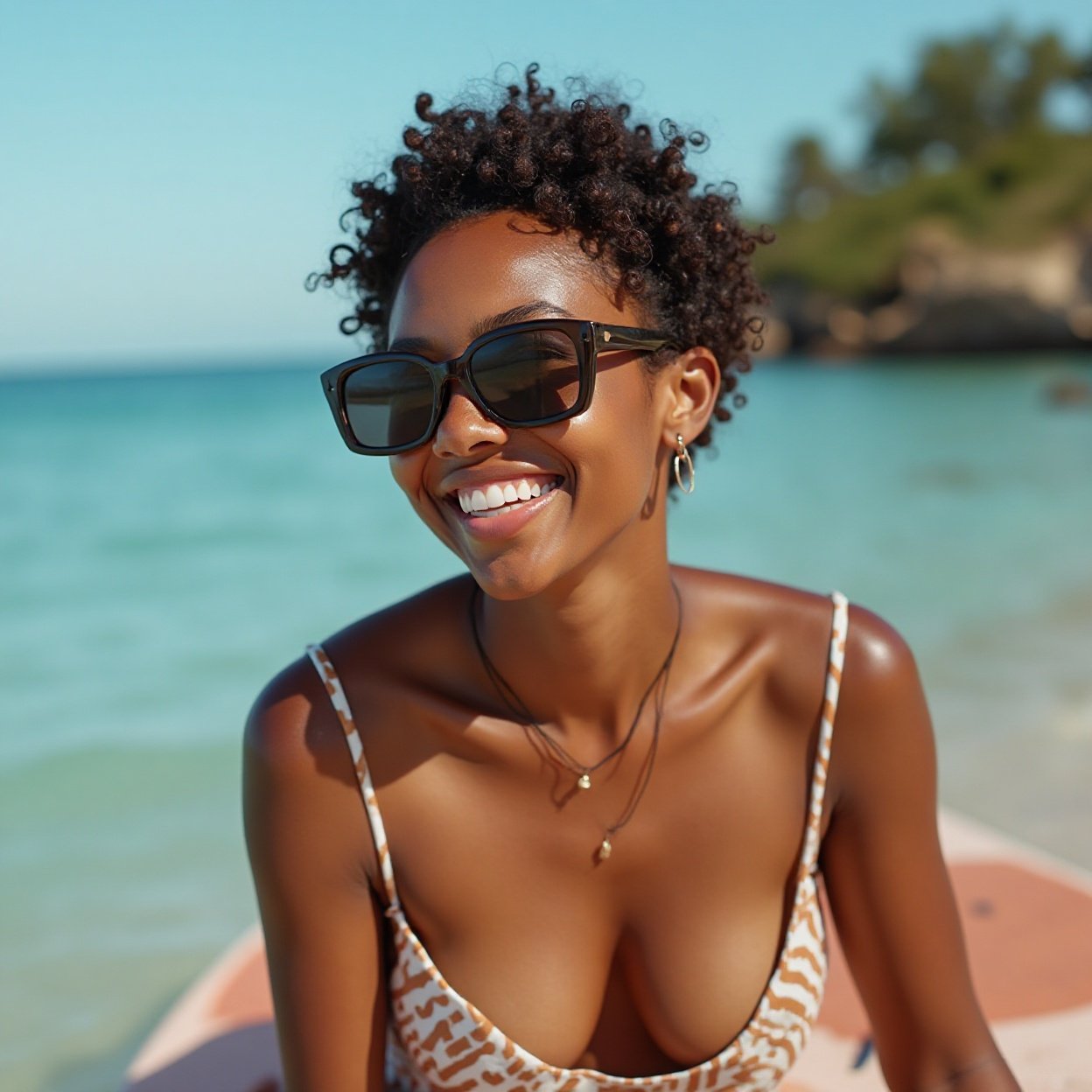 Beautiful smiling black woman with short hair, sunglasses, and a lovely bust, relaxing on a surfboard Beautiful smiling black woman with short hair, sunglasses, and a lovely bust, relaxing on a surfboard