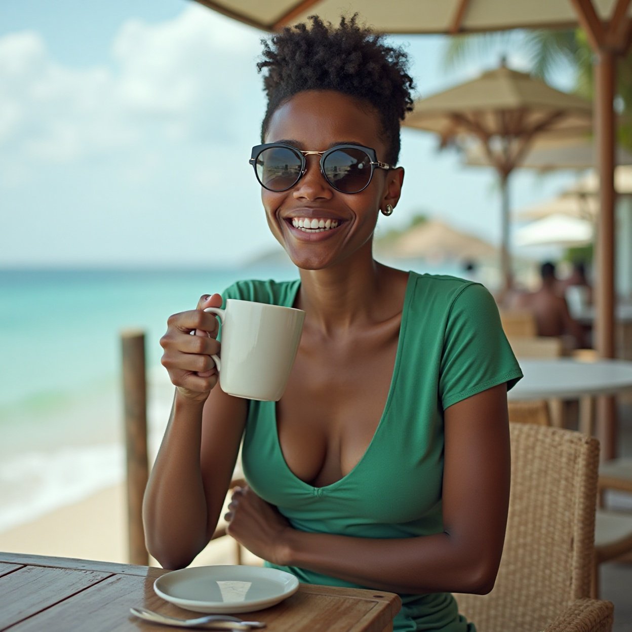 Beautiful smiling black woman with very short hair, sunglasses, a lovely bust, a low-cut green T-shirt and shorts, drinking her coff Beautiful smiling black woman with very short hair, sunglasses, a lovely bust, a low-cut green T-shirt and shorts, drinking her coffee at a table by the sea