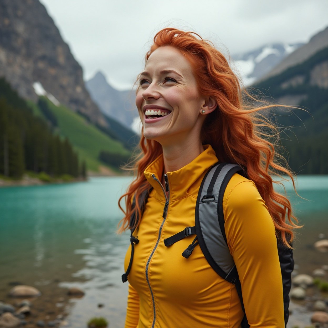 Beautiful smiling redhead in yellow sportswear in 🇨🇦 Canada – Vast wilderness trails Beautiful smiling redhead in yellow sportswear in 🇨🇦 Canada – Vast wilderness trails
