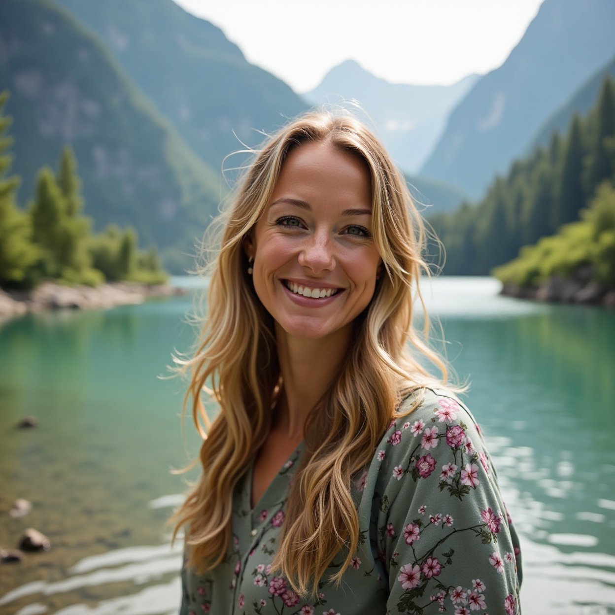Beautiful smiling woman, Nature Immersion, Alpine calm and purity Beautiful smiling woman, Nature Immersion, Alpine calm and purity